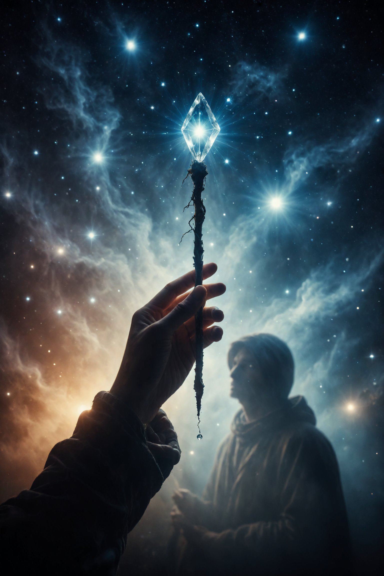 A mysterious figure holds a crystal wand against a starry background, revealing the connection between the cosmos and human will.