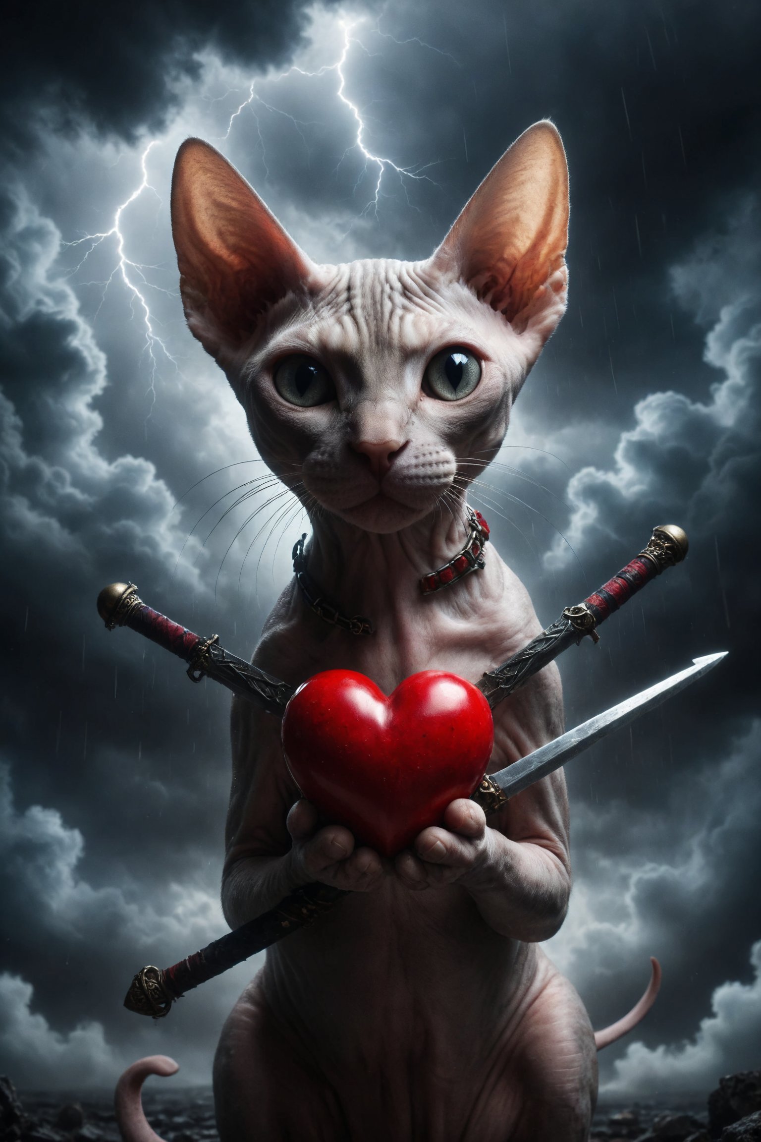 Generates an image of a Sphynx cat holding a red heart which must have 3 swords through it, under a storm cloud