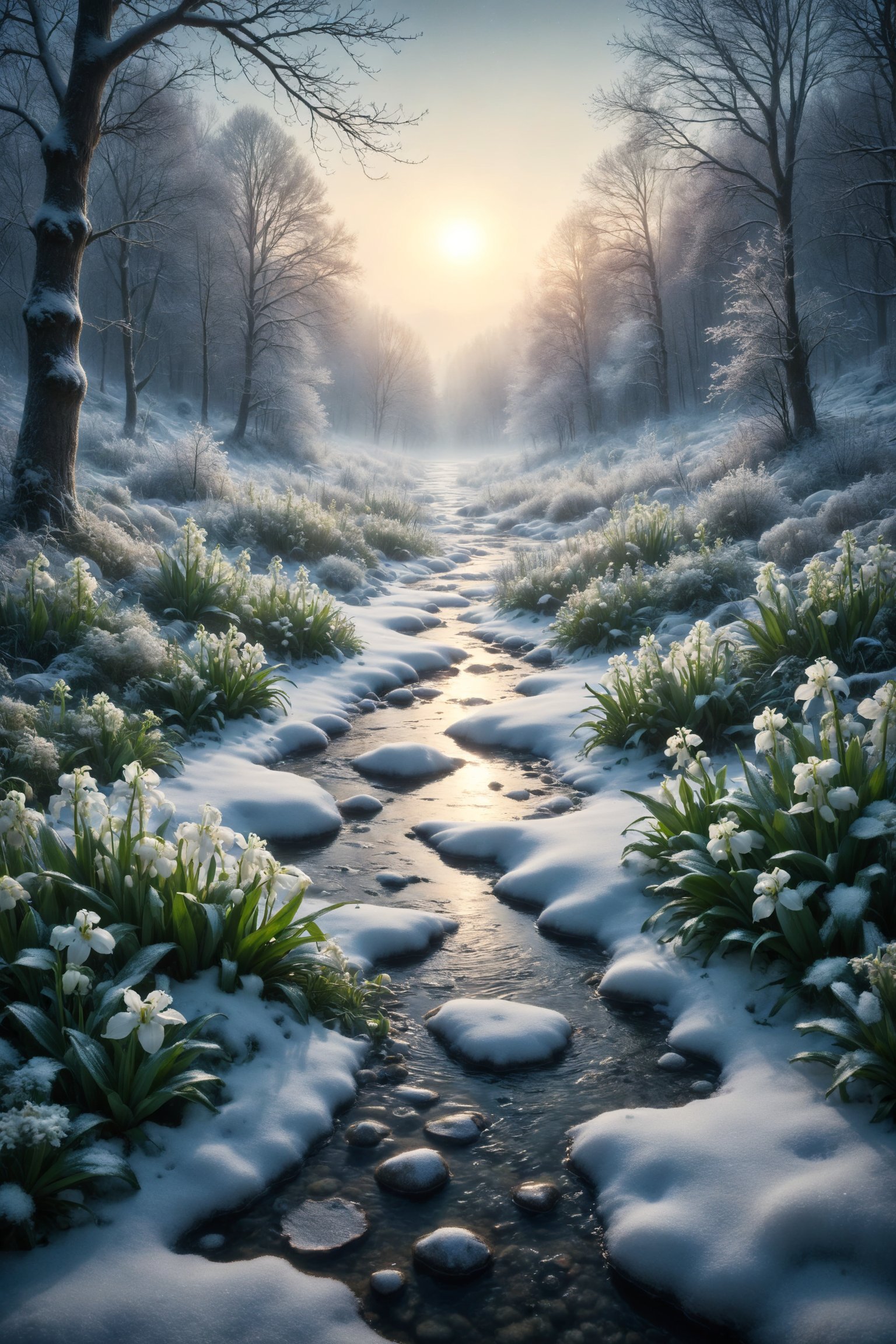 Create an illustration of a snowy landscape adorned with winter flowers in soft tones, such as lilies of the valley and hyacinths, peeking through the snow. A frozen stream winds through the landscape, reflecting the silvery glow of the moon. Use cool and soft colors to highlight the tranquility and elegance of winter.