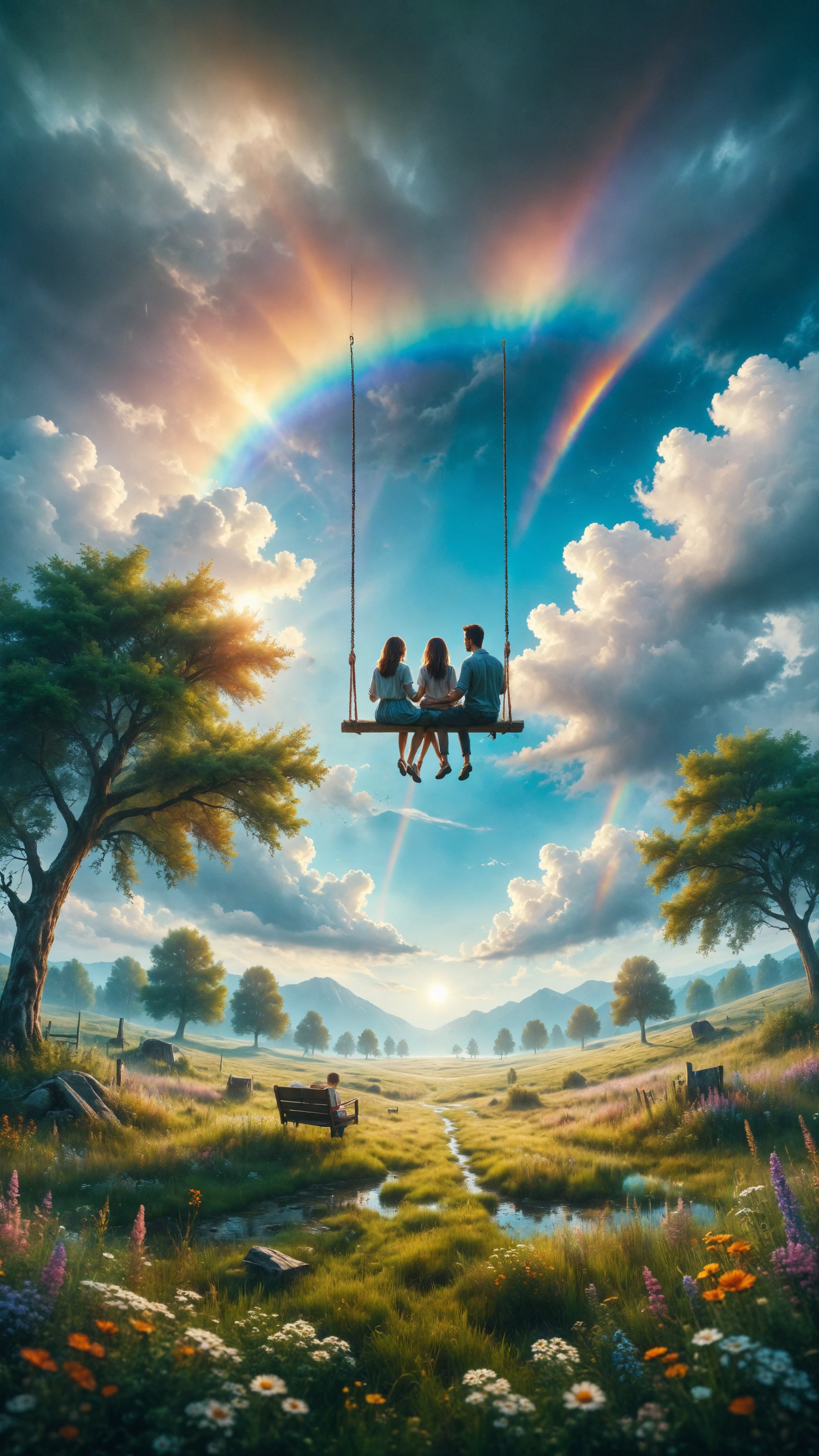 Generate an image of a couple sitting on a swing suspended in the air over a meadow of emerald grass, with a bright rainbow and a clear blue sky in the background. Use a palette of soft and vibrant colors for a cheerful and charming atmosphere.