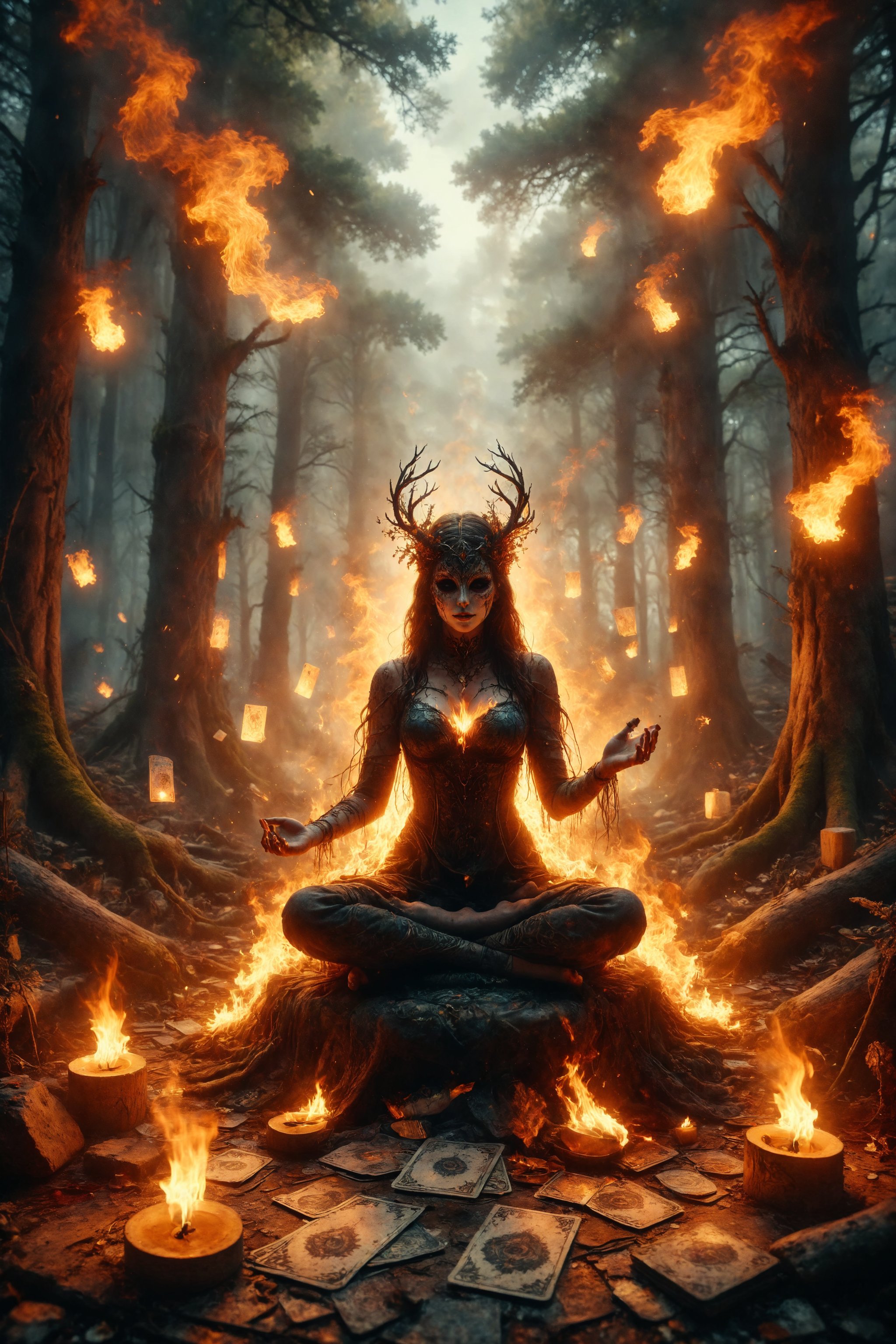 A circle of fire burns in the heart of an enchanted forest, with tarot cards dancing in the flames, while a masked figure sits in meditation, absorbing the wisdom of fire and nature.