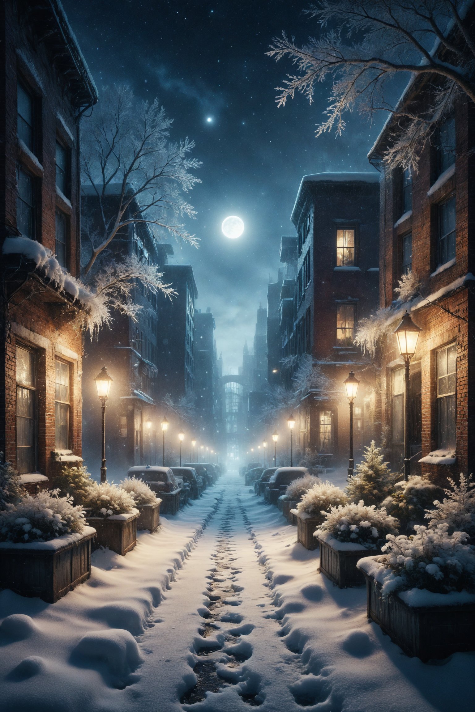 Create an illustration of a snow-covered city with windows adorned with ice flowers, shimmering under the moonlight and street lamps. In the streets, snowy trees and winter planters add a touch of color to the winter landscape. Use a palette of soft and luminous colors to highlight the magic and tranquility of the scene.