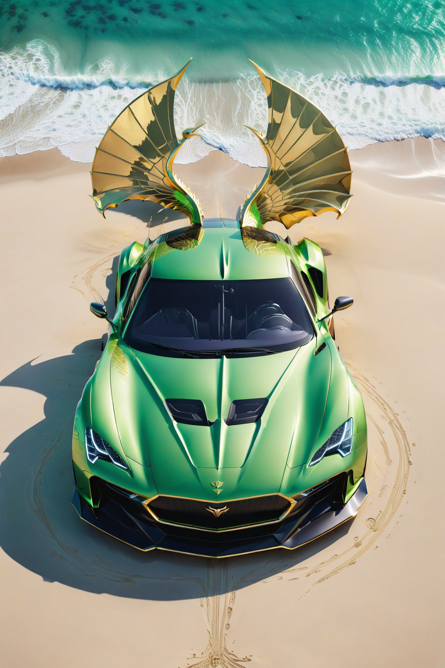 High definition photorealistic render of a neon green luxury super car, located on a luxury beach, with sea, sand, palm trees and sculptures, and a mystical and enigmatic place. In the background, a parametric sculpture emerges adorned with dragon wings, made of metal, marble and iridescent glass, embellished with precious diamonds. Symmetrical curves resembling a dragon's wings adorn a black and white marble background, accented with gold accents and chaotic Swarovski elements, inspired by the style of Zaha Hadid and exhibiting golden iridescence. The design is reminiscent of Tomorrowland 2022's main stage, incorporating ultra-realistic Art Deco elements and a high level of image complexity.