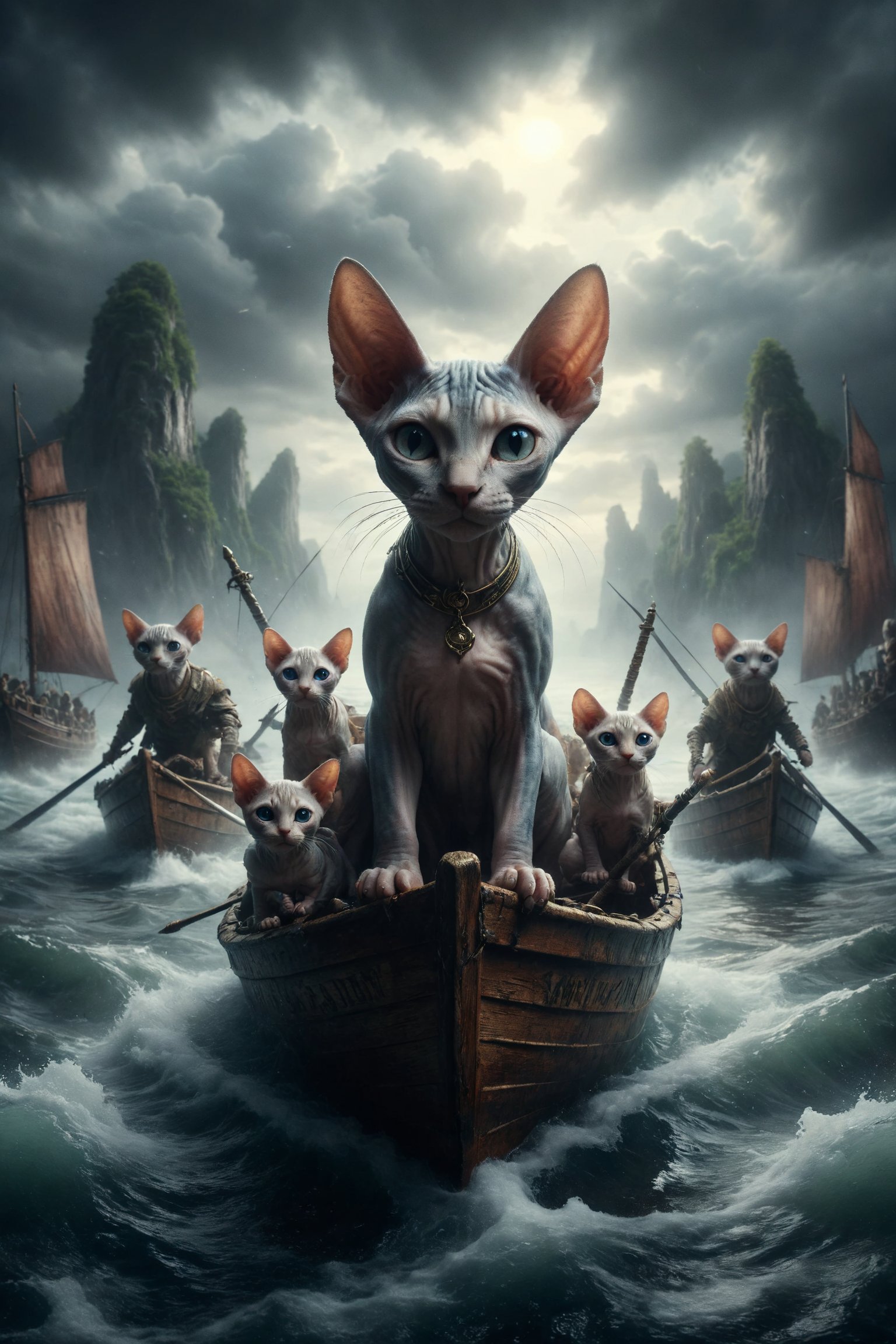 Generates a scene of a Sphynx cat and his family sailing in a boat with 6 swords, towards calm waters, leaving turbulent waters behind