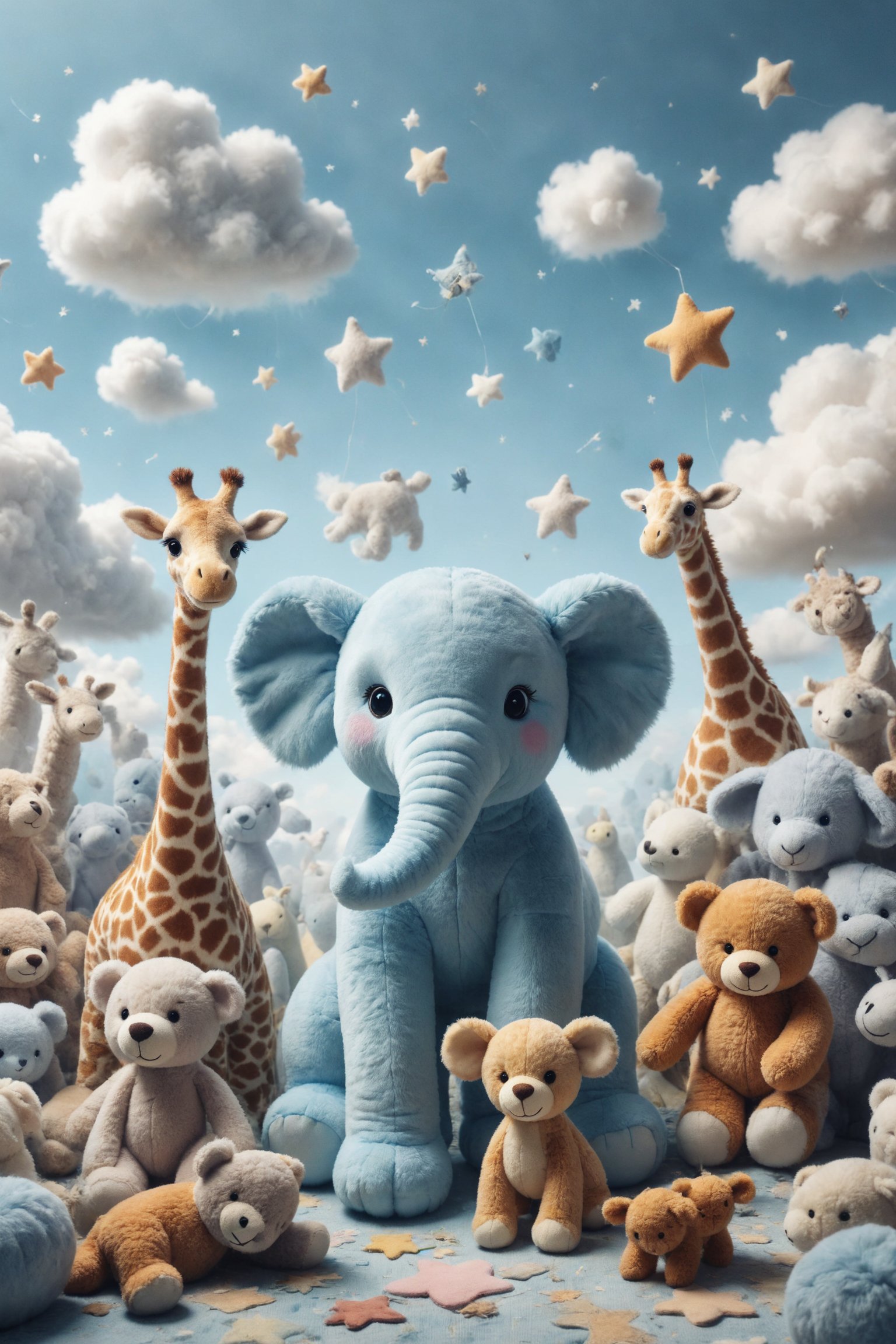 Create an illustration of a plush toy zoo where all the animals are giant stuffed toys. A group of children walks among plush bears, felt giraffes, and fabric elephants, hugging and playing with them. The sky is light blue with heart and star-shaped clouds. Use a palette of soft and pastel colors to create a cozy and charming atmosphere.