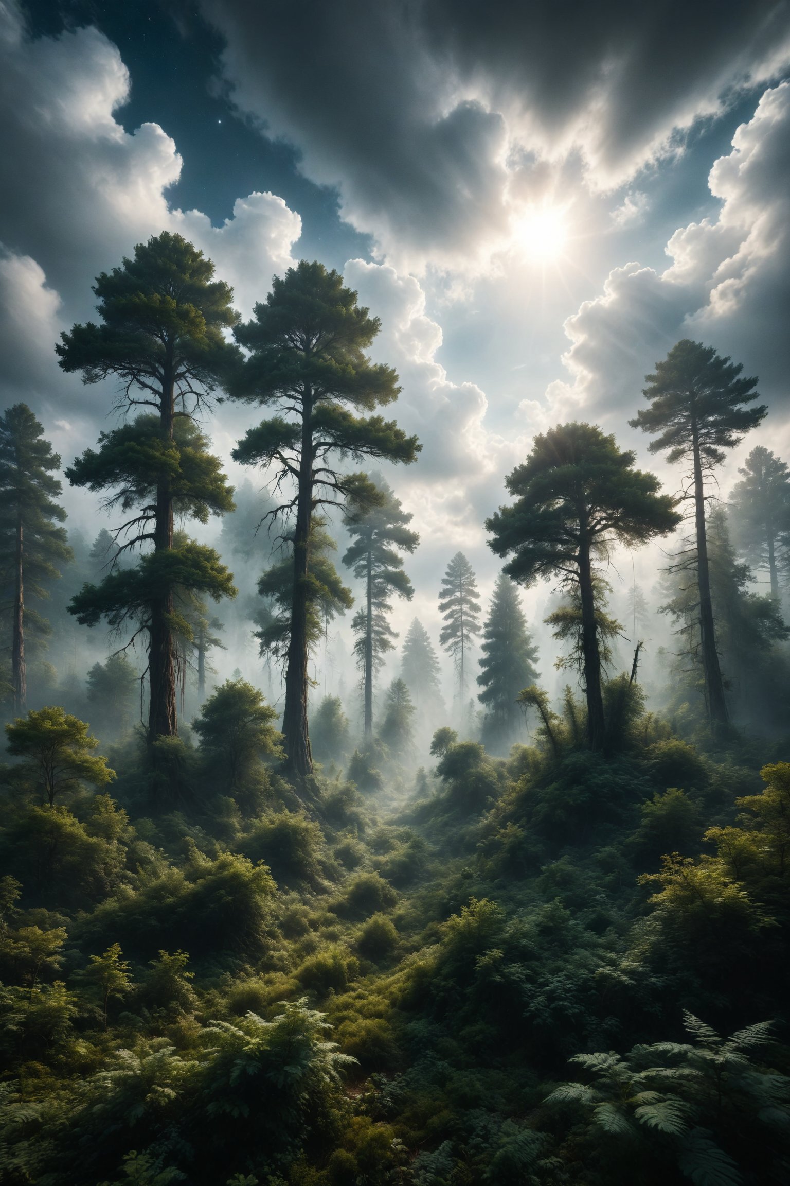 A forest suspended among the clouds, where trees sway to the rhythm of the celestial wind, creating an oasis of tranquility and serenity high in the sky.