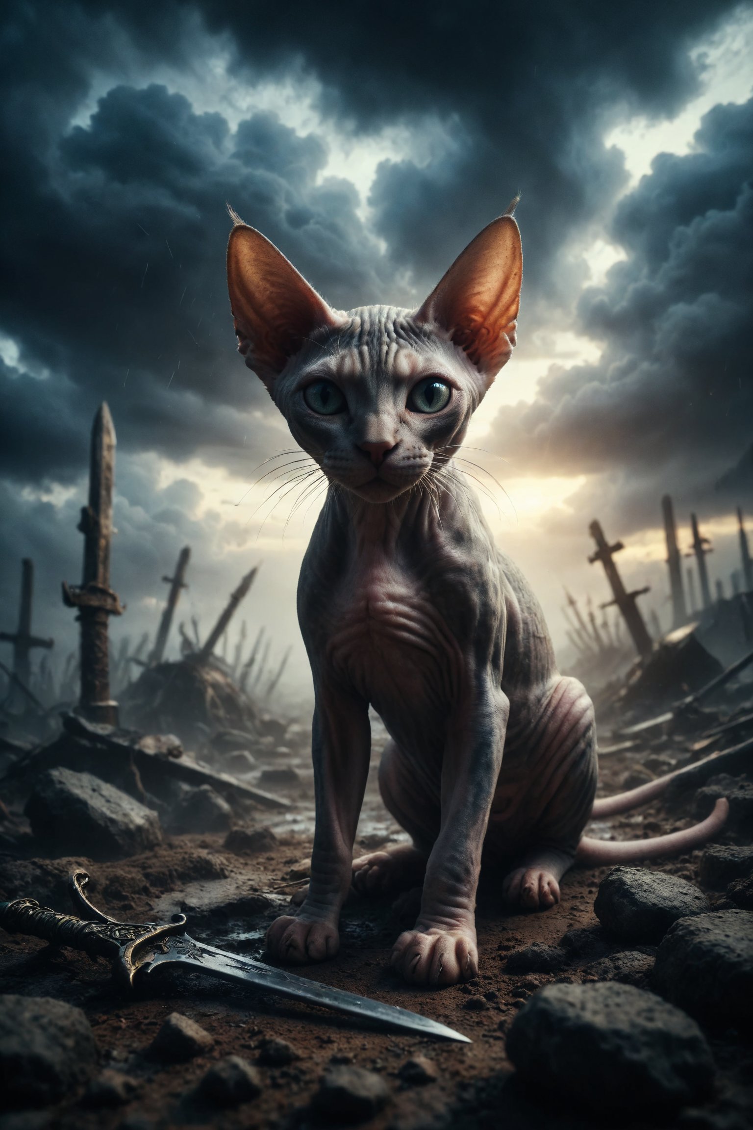 Create a scene of a Sphynx cat lying on the ground, defeated, with ten swords stuck in its back, under a stormy sky with dawn