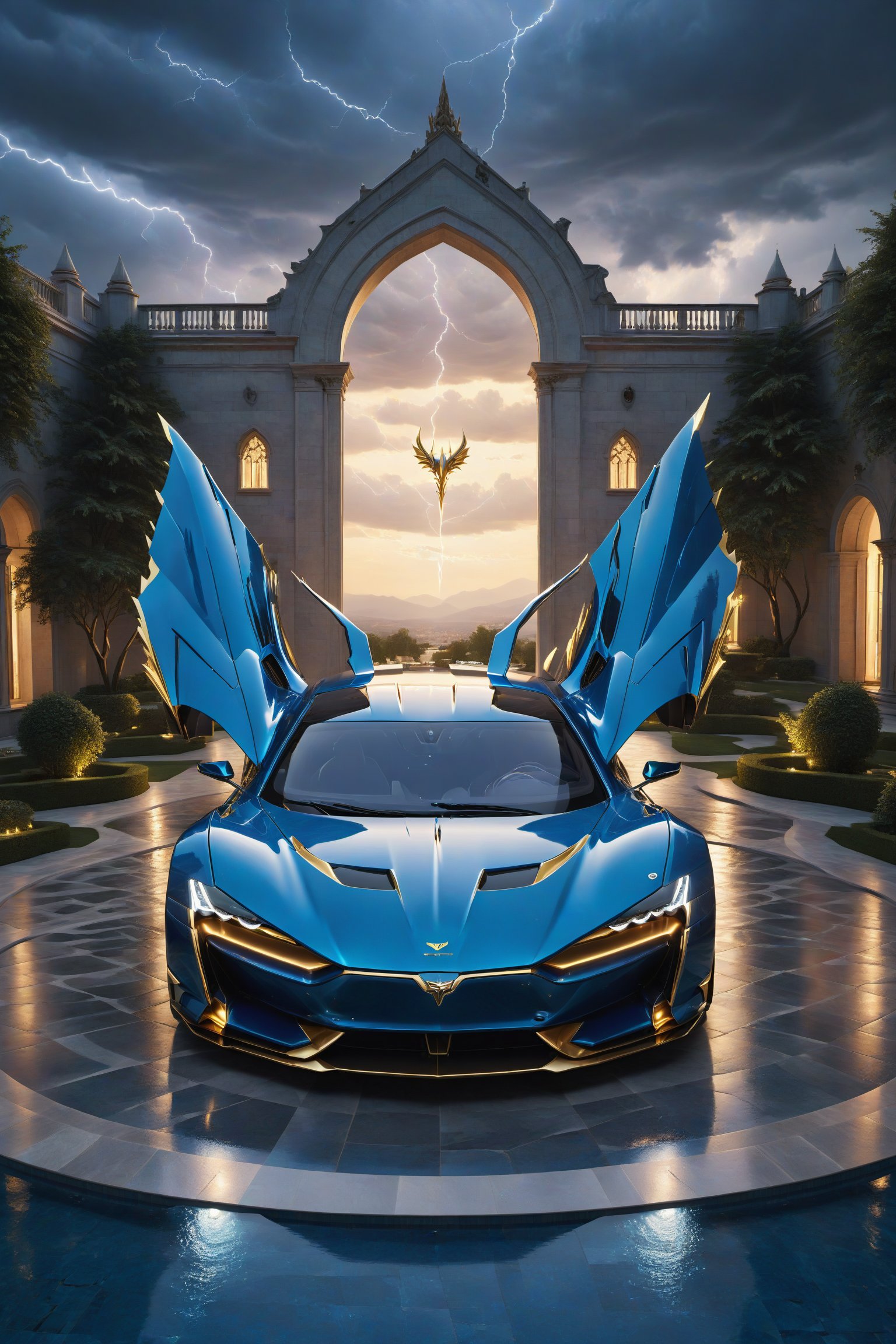 High definition photorealistic render of the isometric view of an electric blue luxury super car, located in the courtyard of an open palace, near a pool, with a dark sky and many lightning bolts and a mystical and enigmatic place. In the background, a parametric sculpture emerges adorned with dragon wings, made of metal, marble and iridescent glass, embellished with precious diamonds. Symmetrical curves resembling a dragon's wings adorn a black and white marble background, accented with gold accents and chaotic Swarovski elements, inspired by the style of Zaha Hadid and exhibiting golden iridescence. The design is reminiscent of Tomorrowland 2022's main stage, incorporating ultra-realistic Art Deco elements and a high level of image complexity.