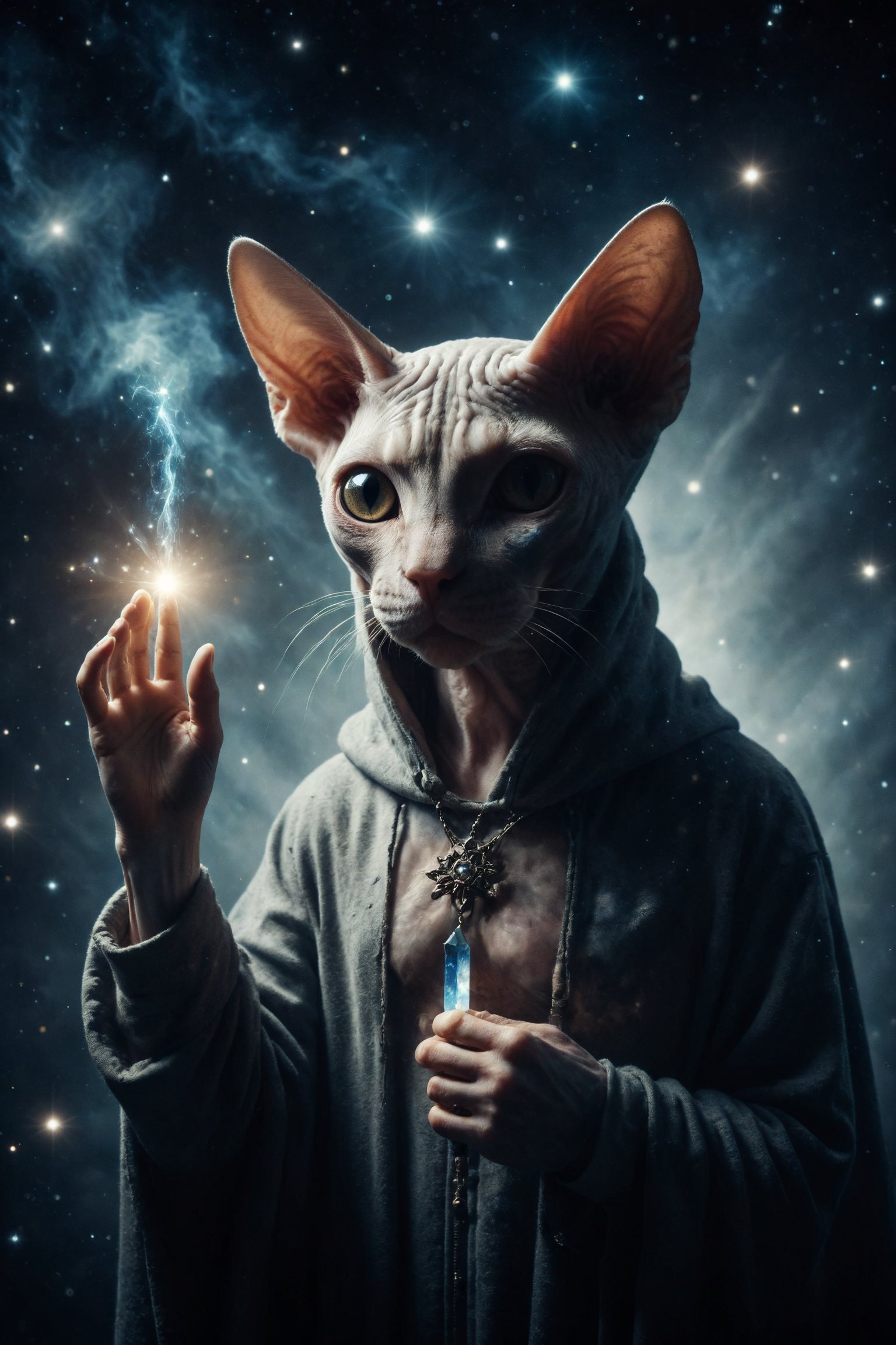 A mysterious sphynx cat dressed in a long suit and hood, holds a crystal wand with his hand up, against a starry background, revealing the connection between the cosmos and the human will.