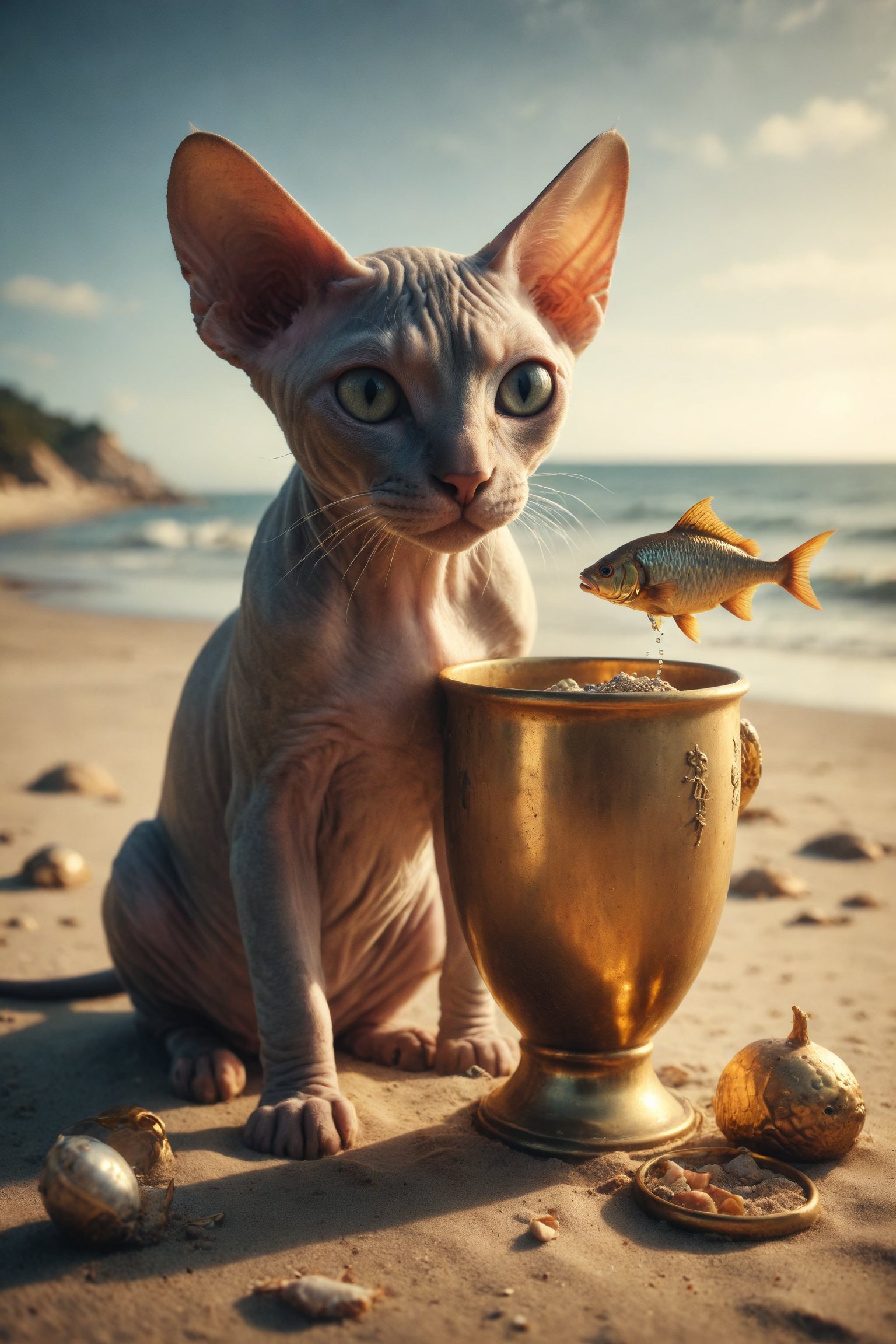 Design an image of a Sphynx cat on a sandy beach and sea holding a gold metal cup from which a fish emerges.