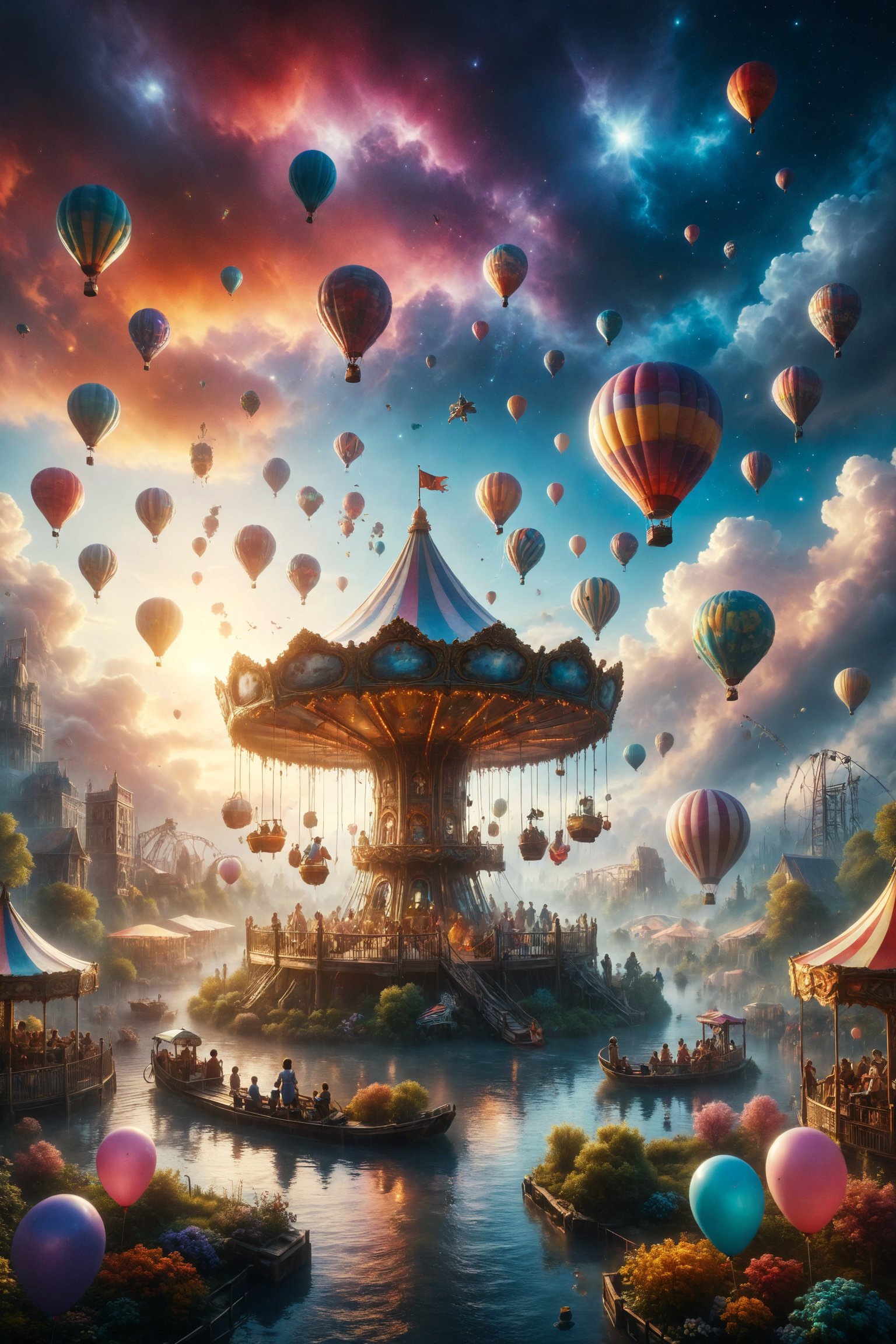 Design a scene of a magical amusement park floating in the clouds. The park features carousels, Ferris wheels, and roller coasters that seem to be made of balloons and stars. Children and families enjoy the rides and attractions while floating in the sky. Use bright and ethereal colors to capture the magic and fun of the celestial amusement park.