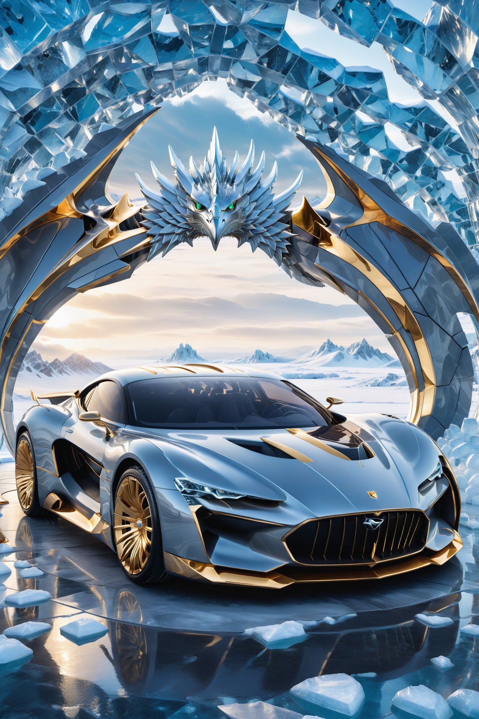 High definition photorealistic render of a gray luxury super car, located inside a cold igloo, with ice sculptures and ice blocks, and a mystical and enigmatic place. In the background, a parametric sculpture emerges adorned with dragon wings, made of metal, marble and iridescent glass, embellished with precious diamonds. Symmetrical curves resembling a dragon's wings adorn a black and white marble background, accented with gold accents and chaotic Swarovski elements, inspired by the style of Zaha Hadid and exhibiting golden iridescence. The design is reminiscent of Tomorrowland 2022's main stage, incorporating ultra-realistic Art Deco elements and a high level of image complexity.