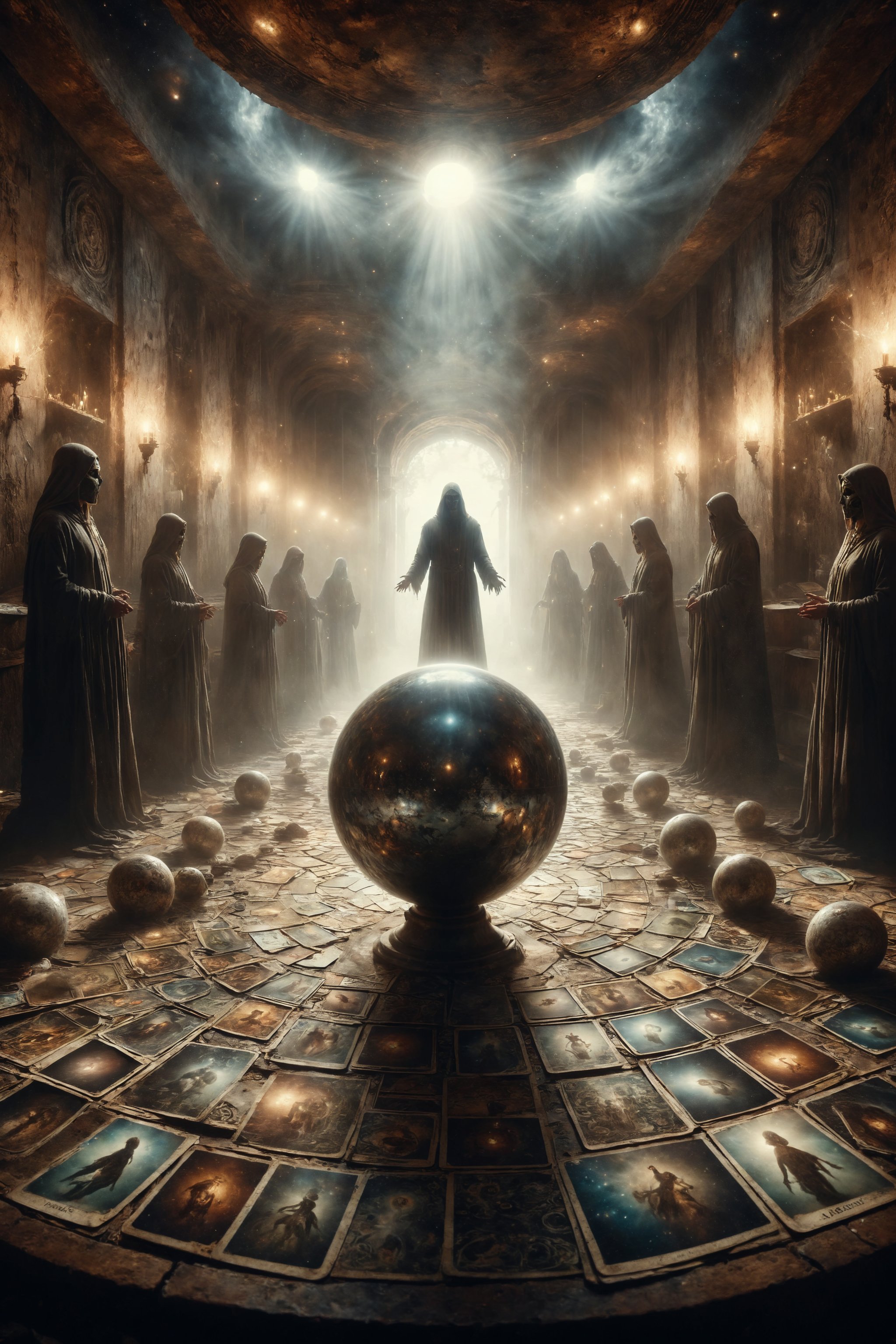 A sphere of light floats at the center of a labyrinth of mirrors, with tarot cards reflected on their surfaces, while a masked figure seeks inner truth, representing the journey towards self-awareness.