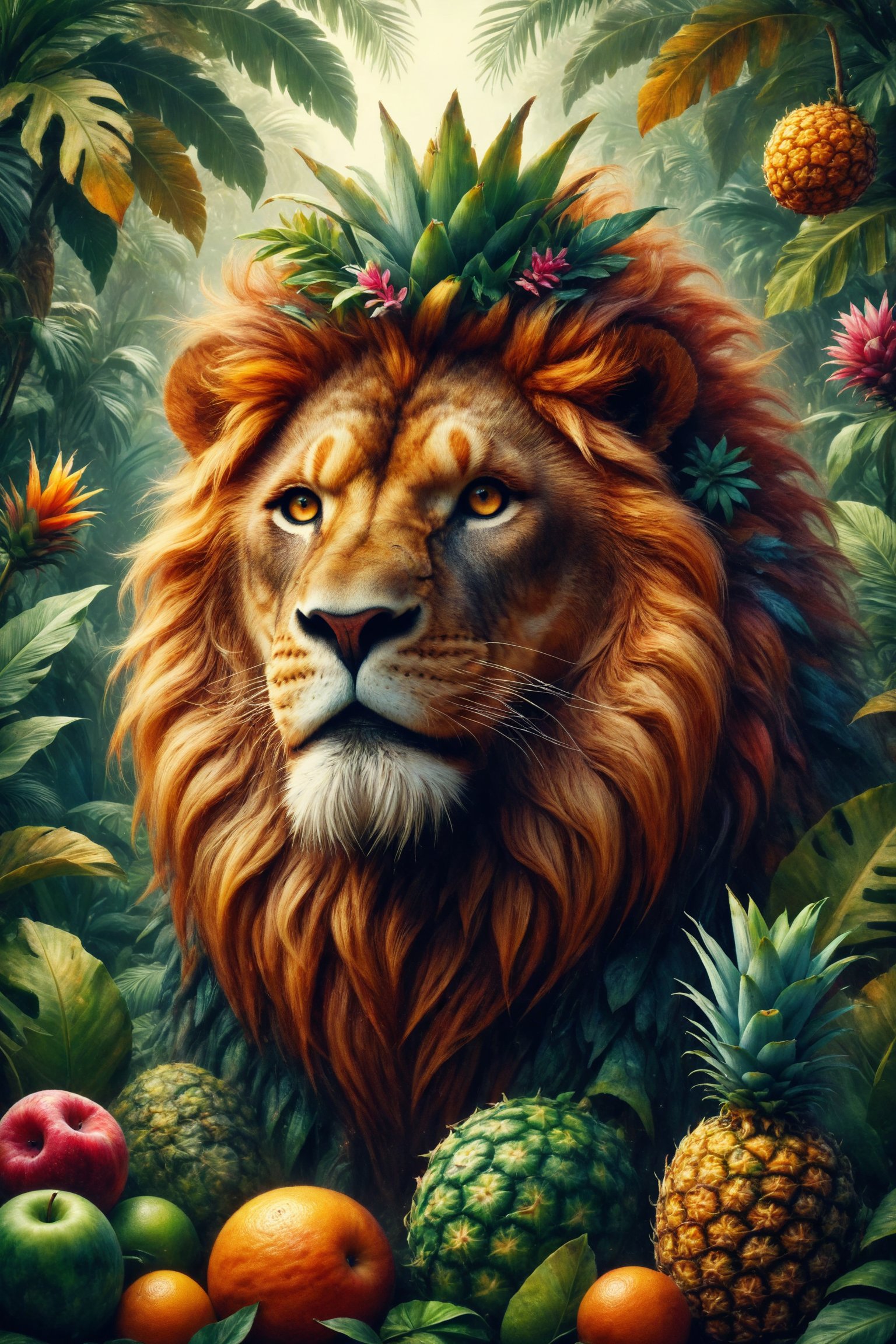 Create an illustration of a lion with a pineapple mane, its body having a scaly texture similar to the fruit's skin. The lion roars in the midst of an exotic jungle, surrounded by fruit trees and tropical plants. Use a palette of warm and vibrant colors to highlight the strength and eccentricity of the pineapple-lion.