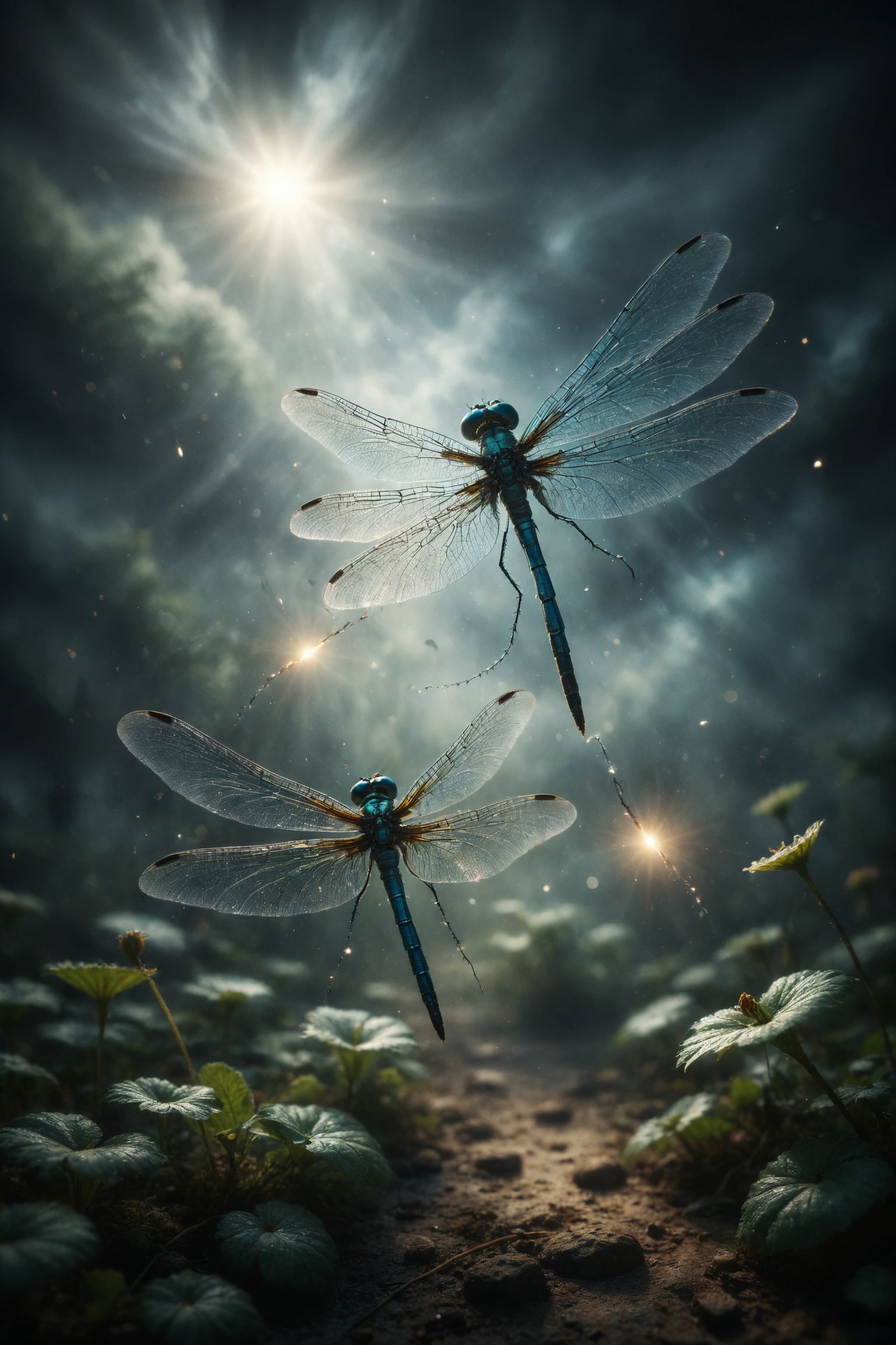 Two dragonflies flying in perfect harmony, leaving a trail of flashes intertwining in the air, symbolizing the indissoluble union between two kindred souls.