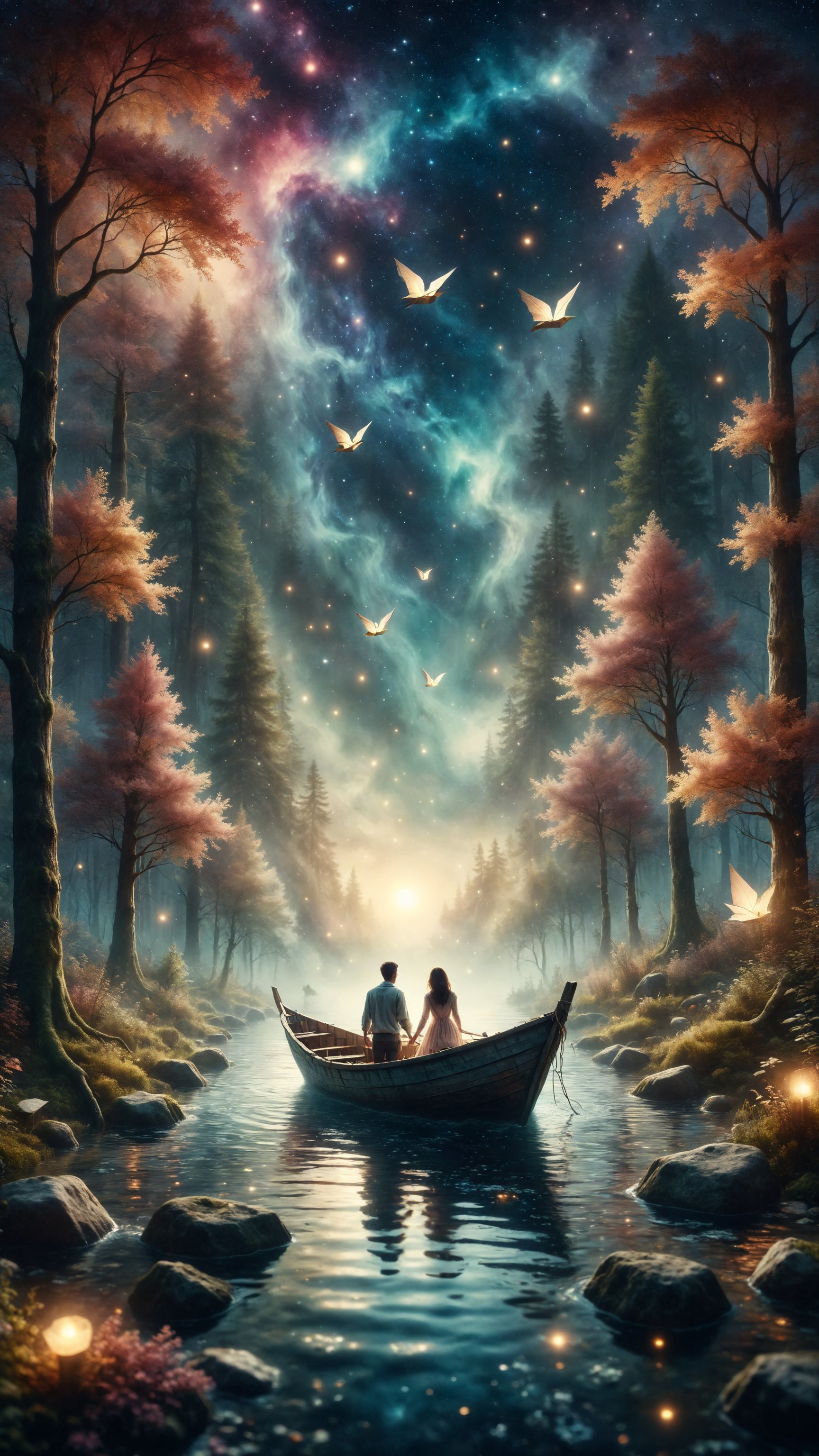 Generate an image of a couple sailing in a paper boat along a river of stars flowing through an enchanted forest, with trees that glow with magical light. Use a palette of soft and bright colors for a dreamy atmosphere.