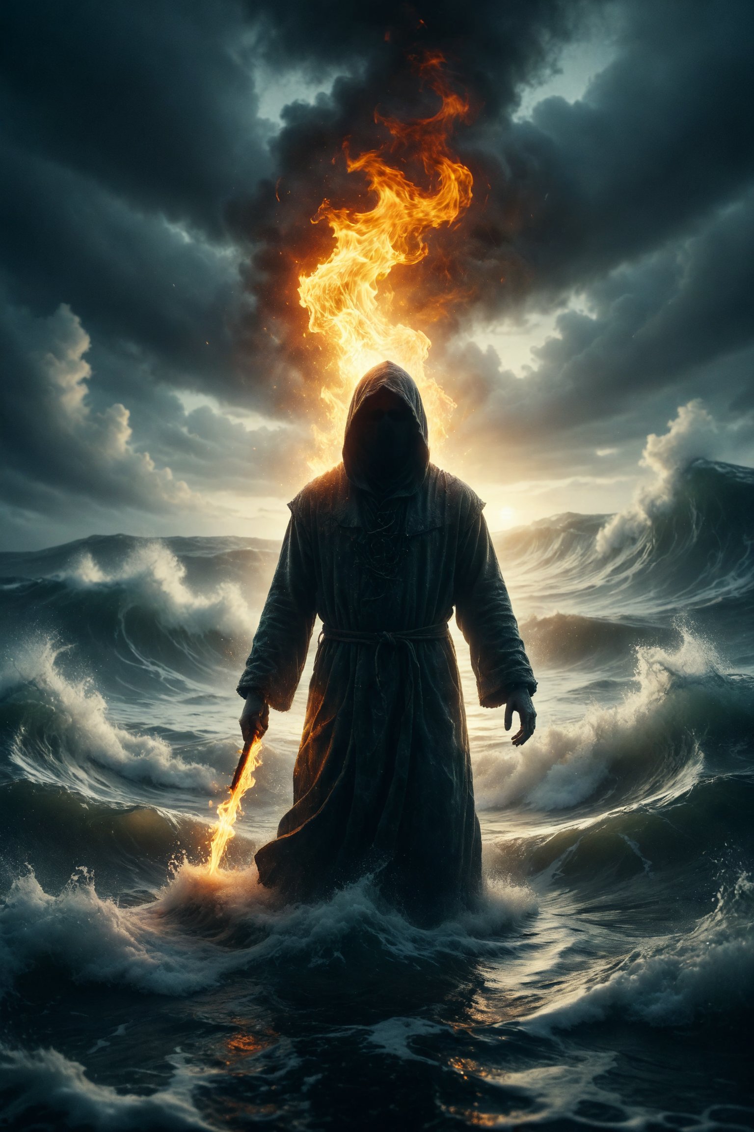 A hooded figure emerges from the depths of the ocean, holding a burning torch aloft while waves spiral around them, representing rebirth and spiritual enlightenment.