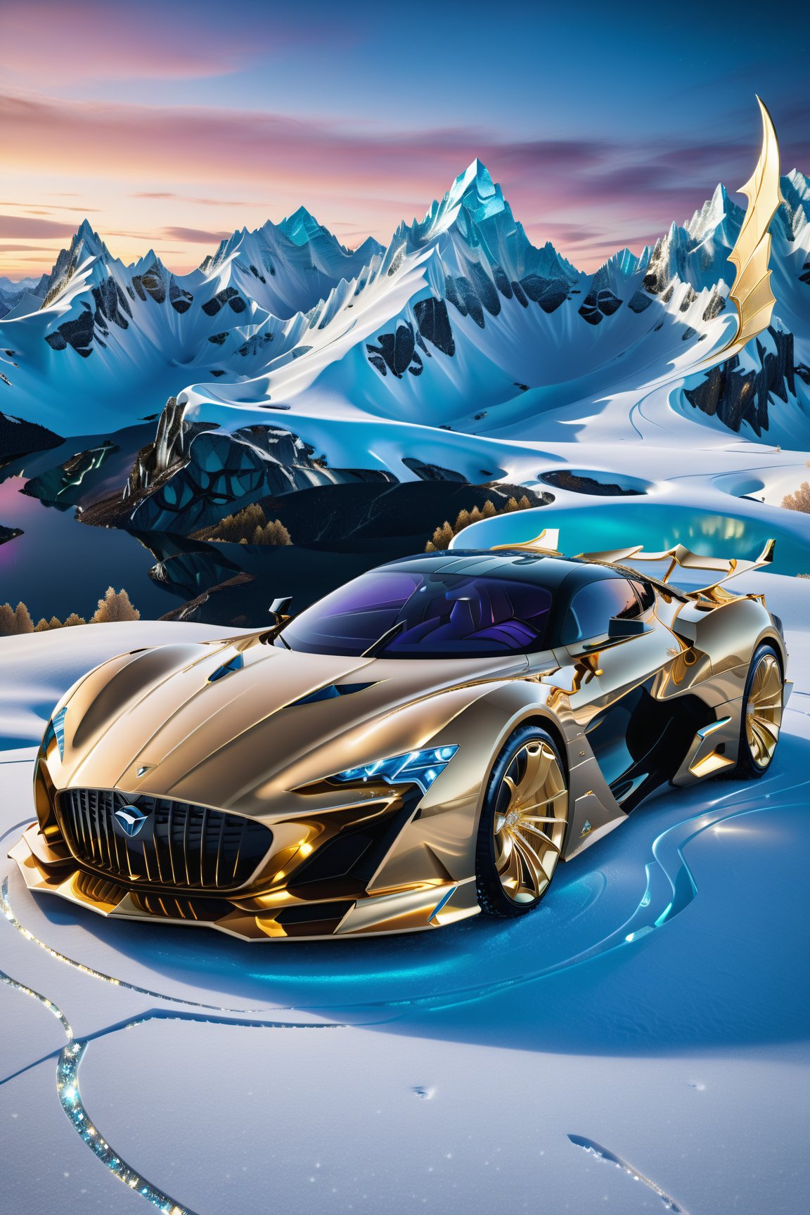 High definition photorealistic render of a luxury super car in yacht very sculptural, in the mountains snow and aurora bolealis nigth, ice efects, with fluid and organic shapes, with a background where a parametric sculpture with dragon wings appears, in metal, marble and iridescent glass, with precious diamonds, with symmetrical curves in the shape of dragon wings in marble background black & white details gold, chaotic swarowski, inspired by the style of Zaha Hadid, gold iridescence, with black and white details. The design is inspired by the Tomorrowland 2022 main stage, with ultra-realistic Art Deco details and a high level of image complexity iridescence.
