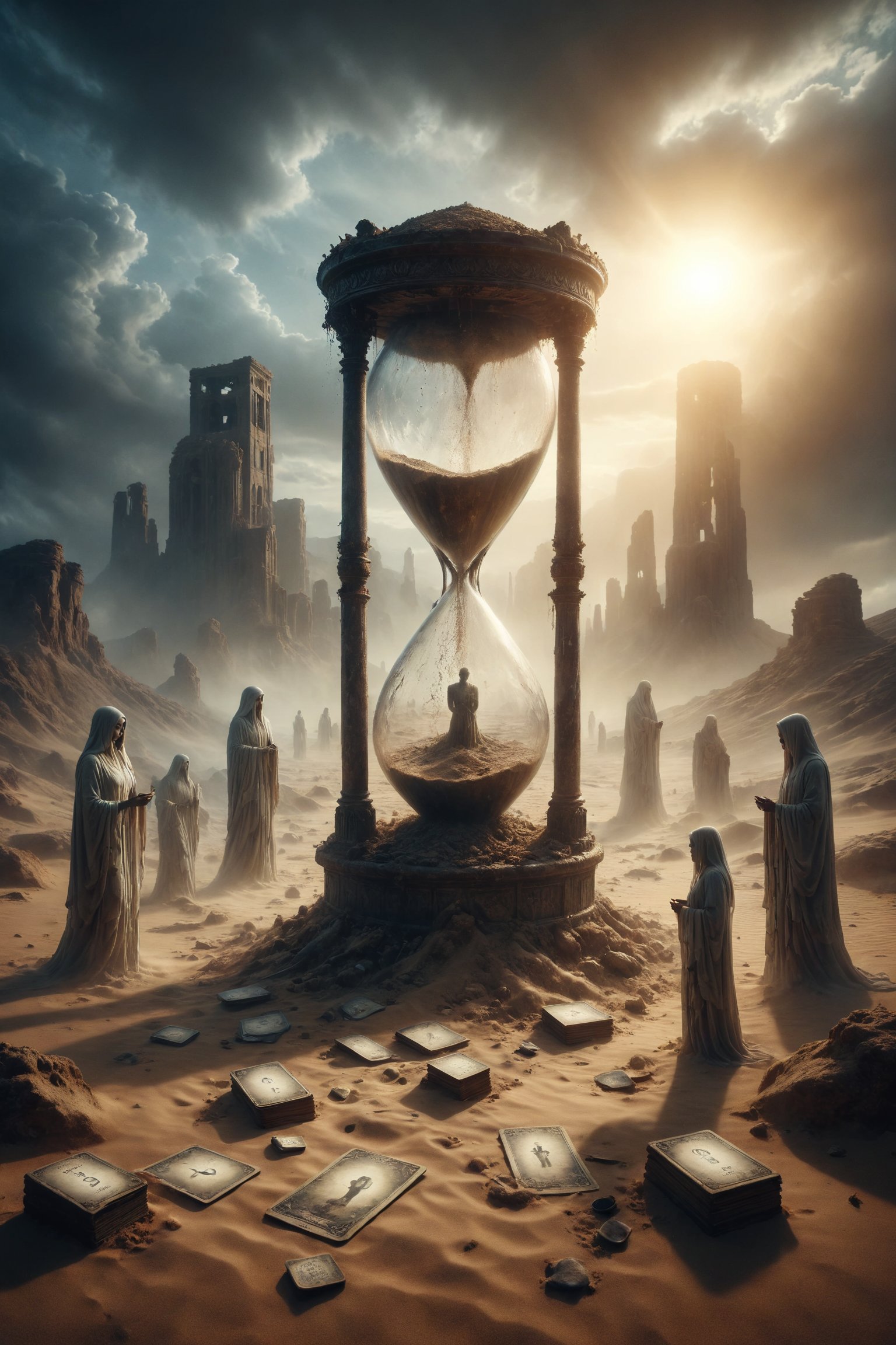 A giant hourglass melts in a desert landscape, while a multitude of ghostly figures rise from the sand, each holding a fading tarot card, representing the flow of time and the transience of existence.