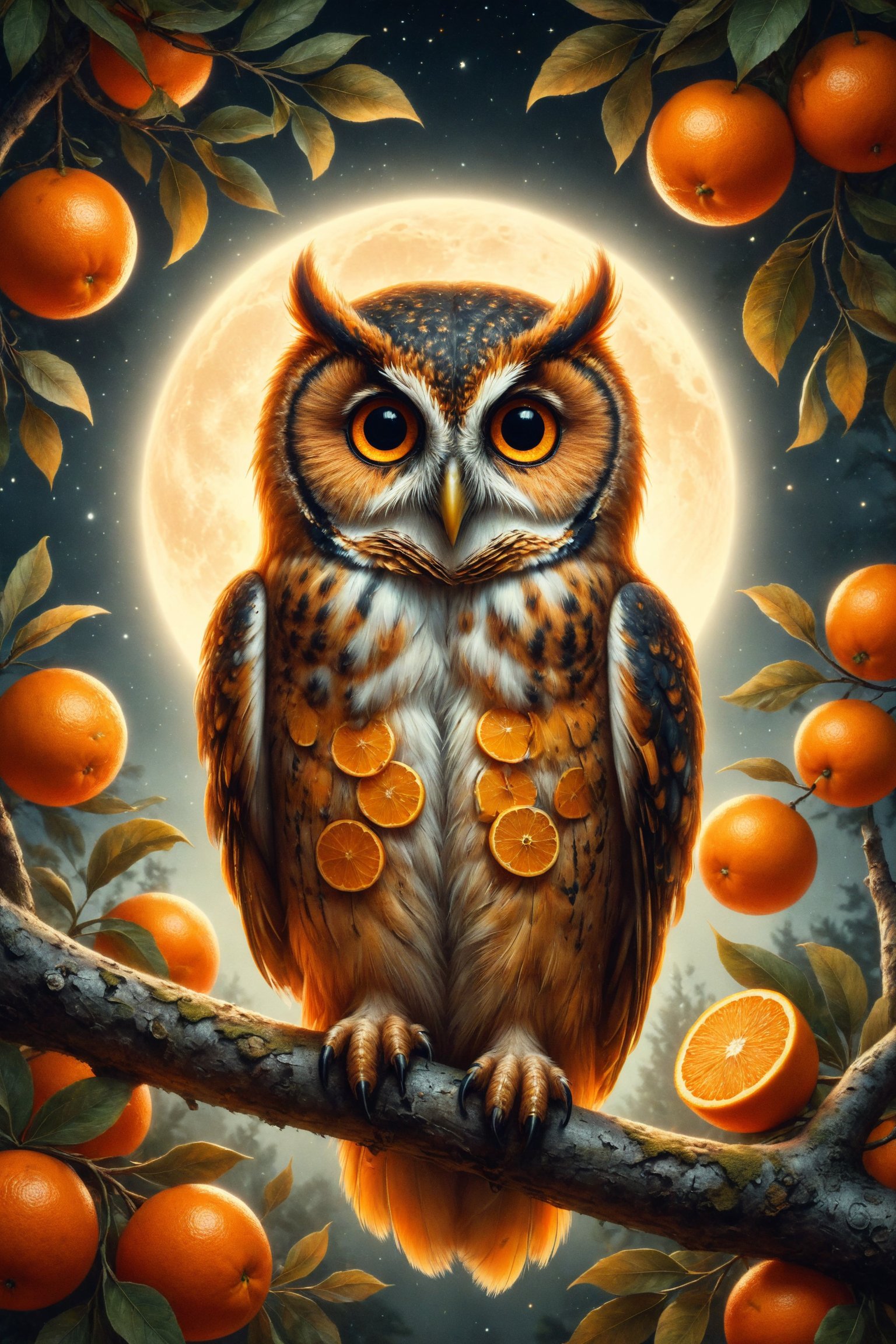 Create an illustration of an owl with orange peel feathers and eyes resembling orange slices. The owl perches on a citrus tree branch in an orchard illuminated by the moon. Use a palette of warm and bright colors to highlight the beauty and mystery of the orange-owl.