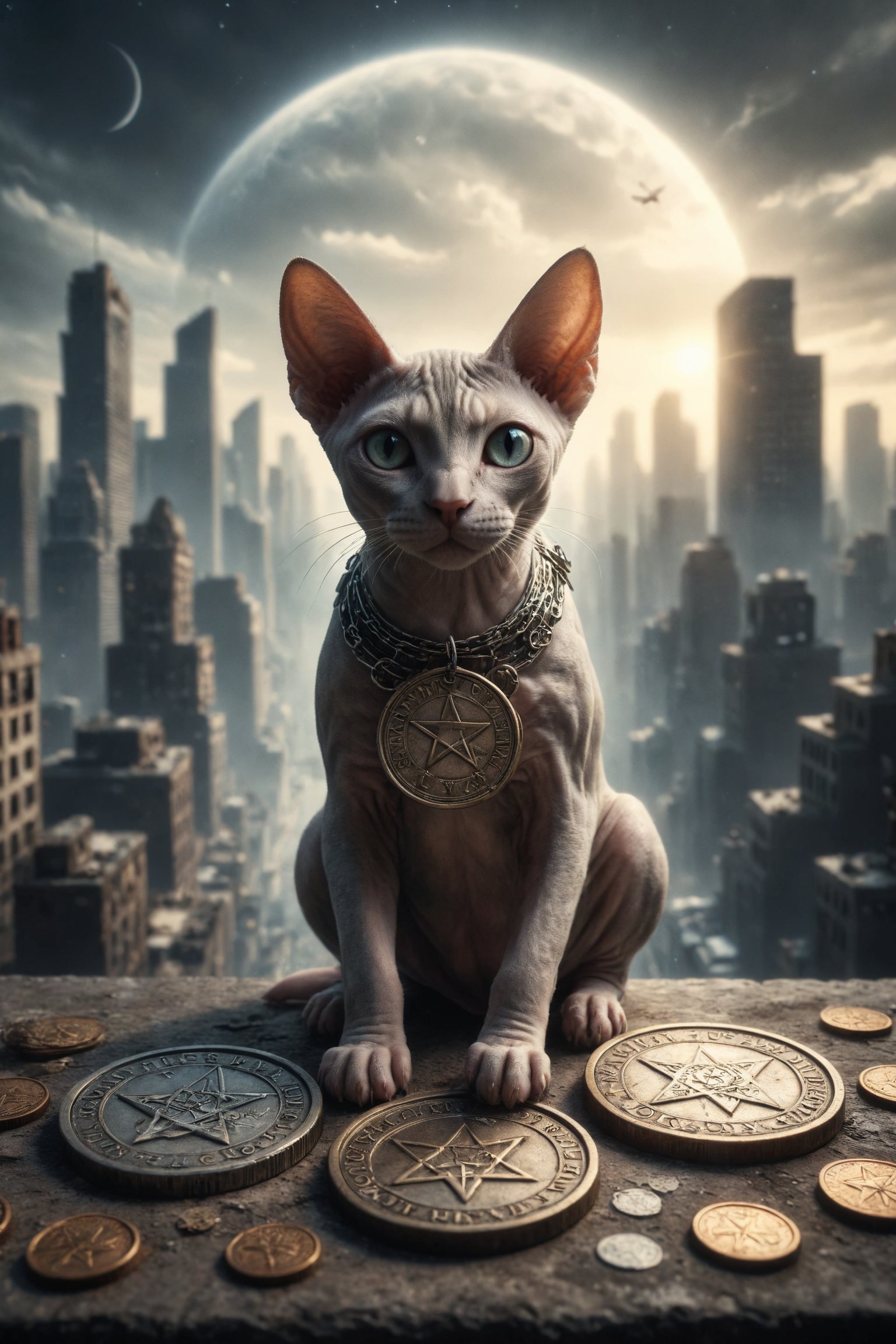 Create a scene of a Sphynx cat holding 4 large coins with pentacles engraved on them, sitting with a city of buildings in the background