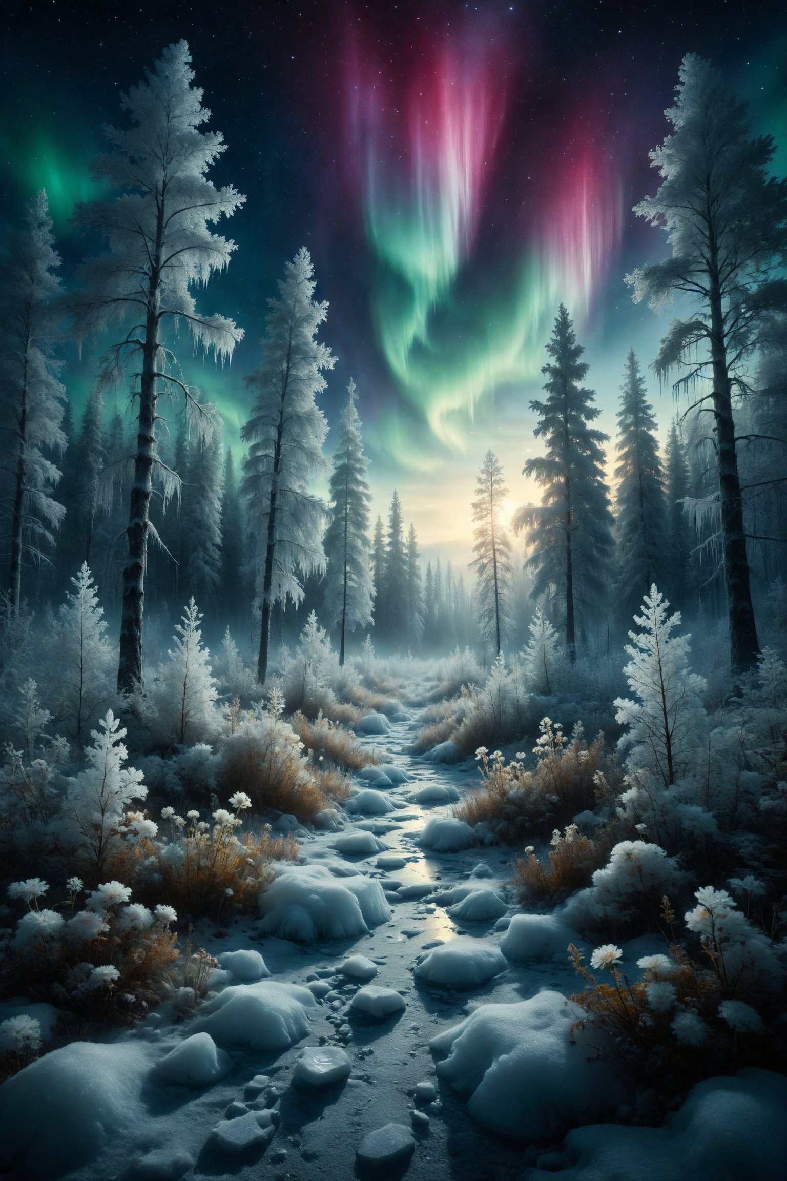 Design a scene of a winter forest where ice flowers bloom among the snow-covered trees, creating a spectacle of colors and shimmer in the midst of the cold winter. In the background, the northern lights illuminate the starry sky, adding a magical touch to the scene. Use a palette of bright and frosty colors to highlight the beauty and wonder of the winter landscape.