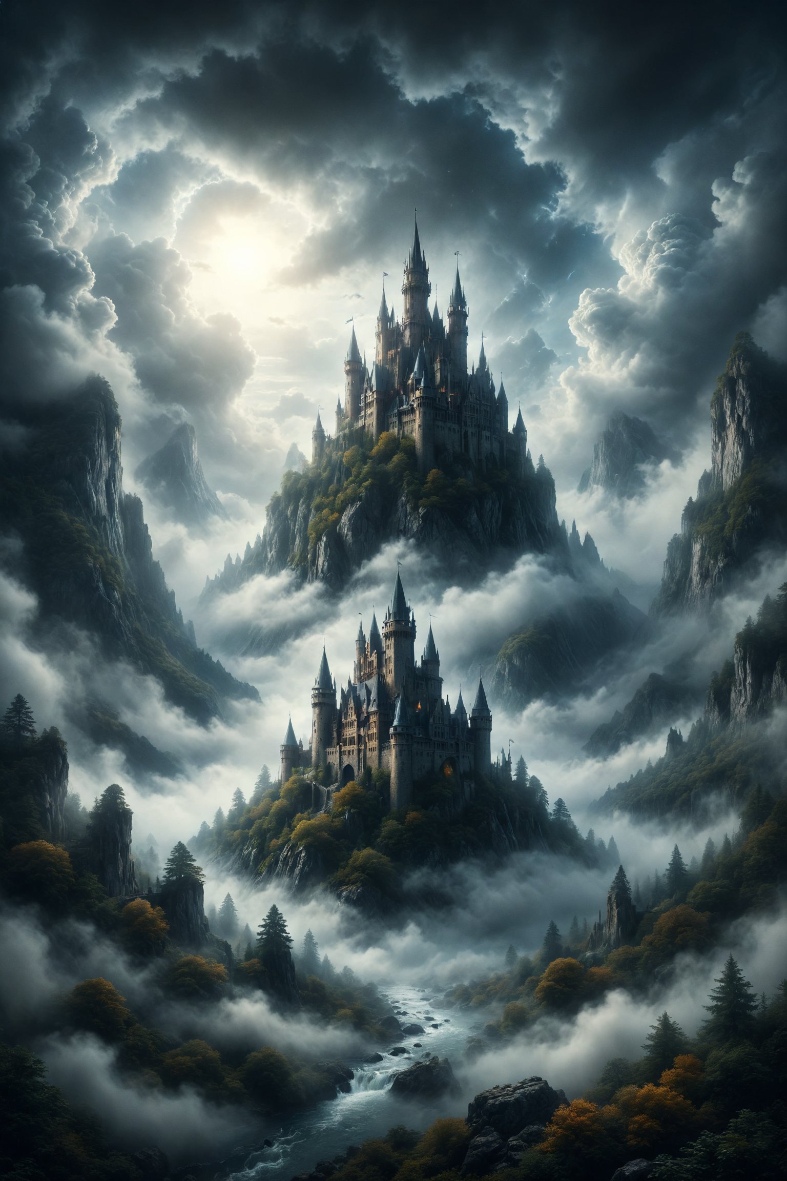 A castle atop an ethereal mountain, surrounded by clouds that envelop it in a halo of mystery and magic, like a refuge for the deepest dreams.