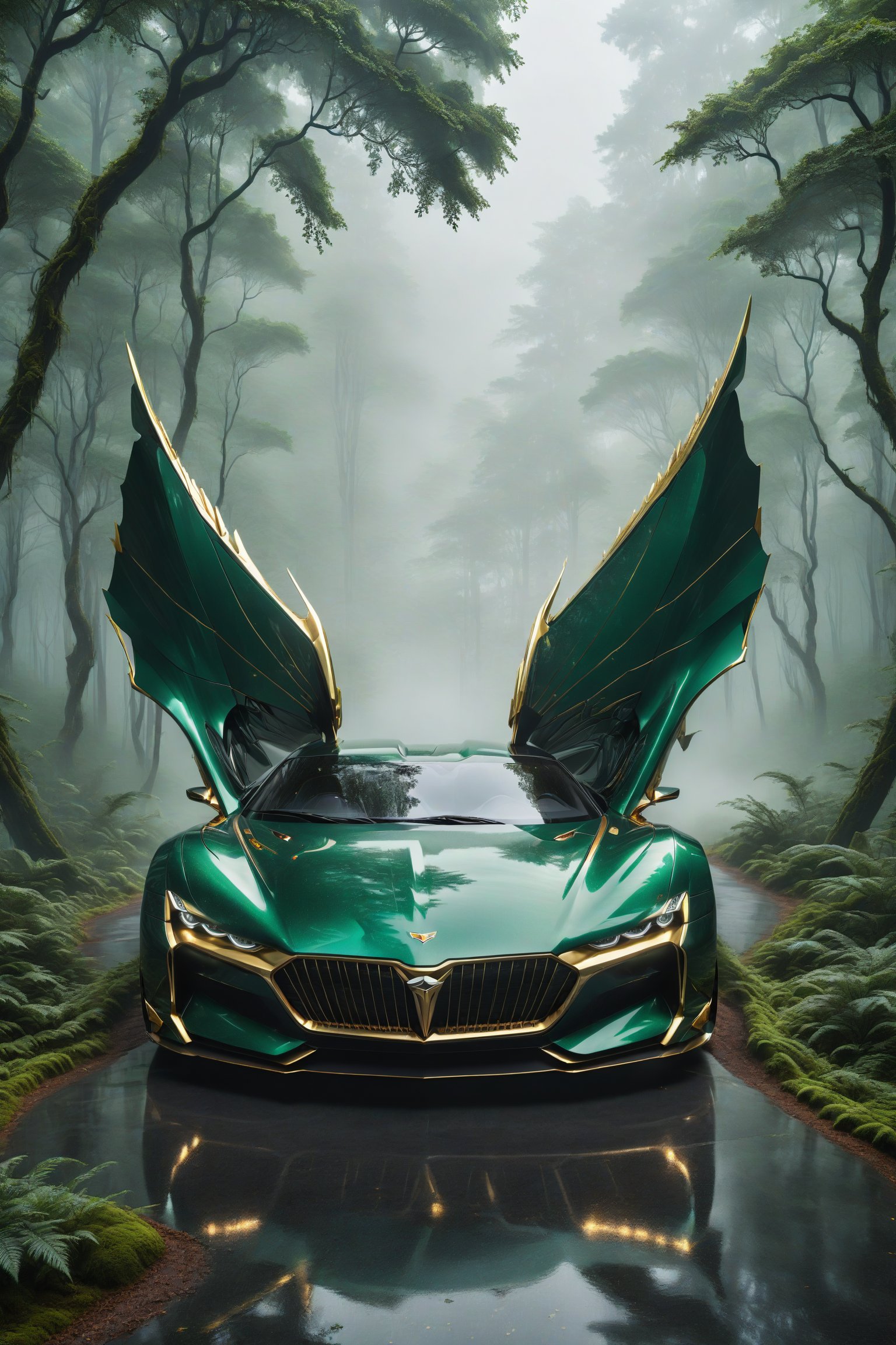 High definition photorealistic render of a dark green luxury super car, located in a thick forest with tall trees and fog, and a mystical and enigmatic place. In the background, a parametric sculpture emerges adorned with dragon wings, made of metal, marble and iridescent glass, embellished with precious diamonds. Symmetrical curves resembling a dragon's wings adorn a black and white marble background, accented with gold accents and chaotic Swarovski elements, inspired by the style of Zaha Hadid and exhibiting golden iridescence. The design is reminiscent of Tomorrowland 2022's main stage, incorporating ultra-realistic Art Deco elements and a high level of image complexity.