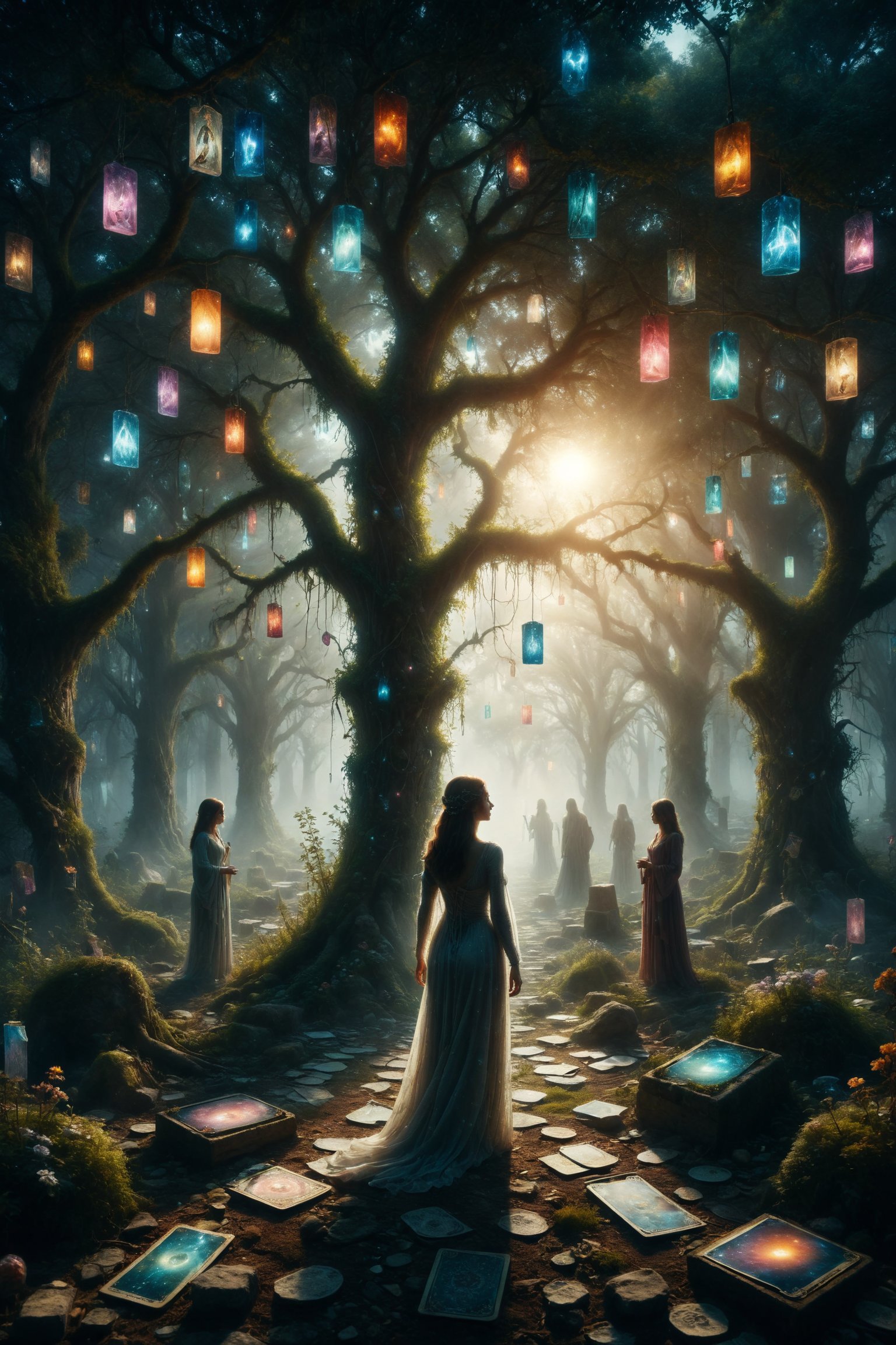 A garden of crystal trees stretches to the horizon, with tarot cards suspended in their branches like luminous fruit, while an ethereal figure walks among the shadows, symbolizing the connection between the earthly and the divine.