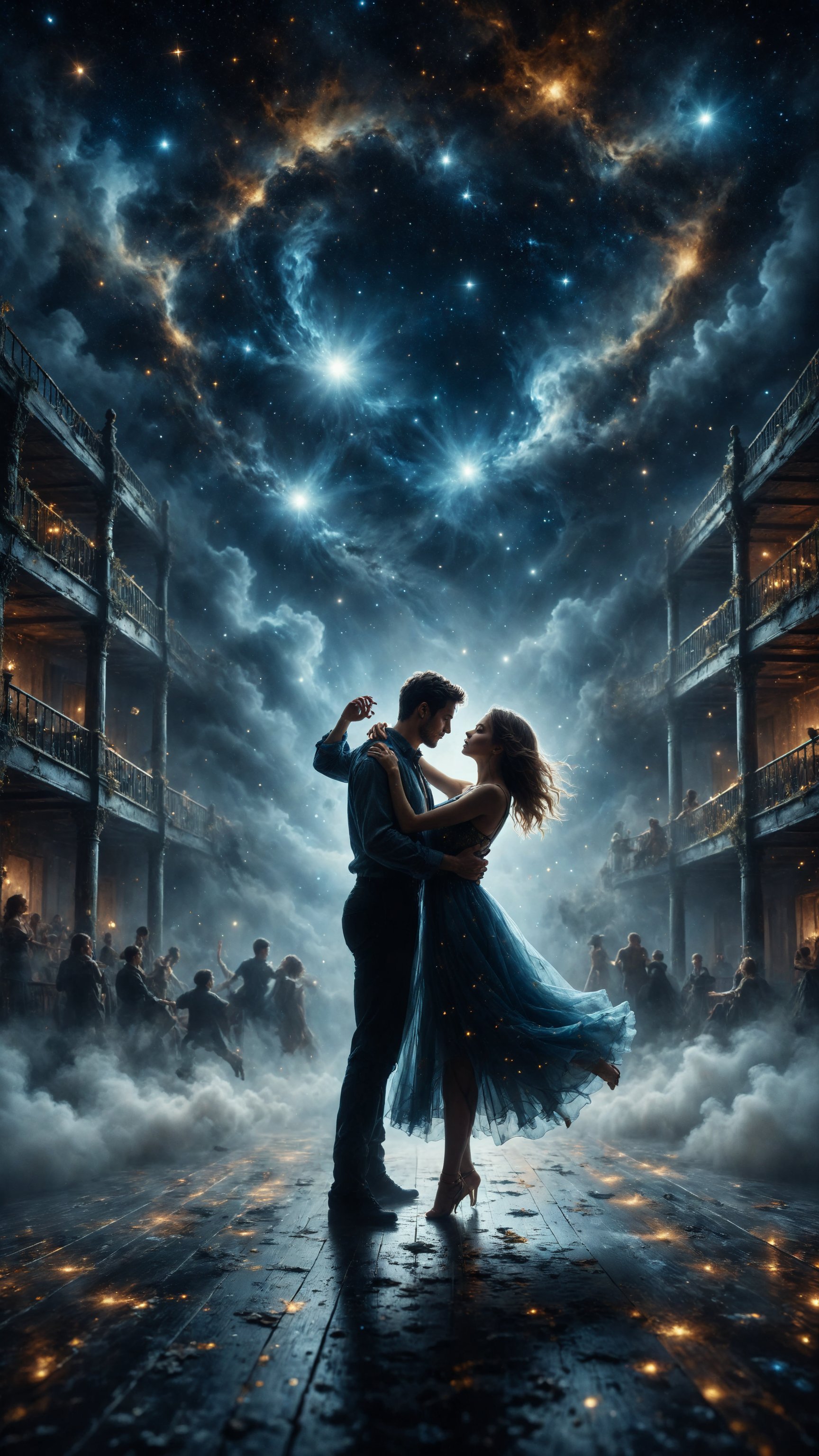 Design a scene of a couple dancing in a floating ballroom in the sky, with stars and constellations shining around them. Use a palette of dark and bright colors like black, blue, and gold for a magical and romantic atmosphere.