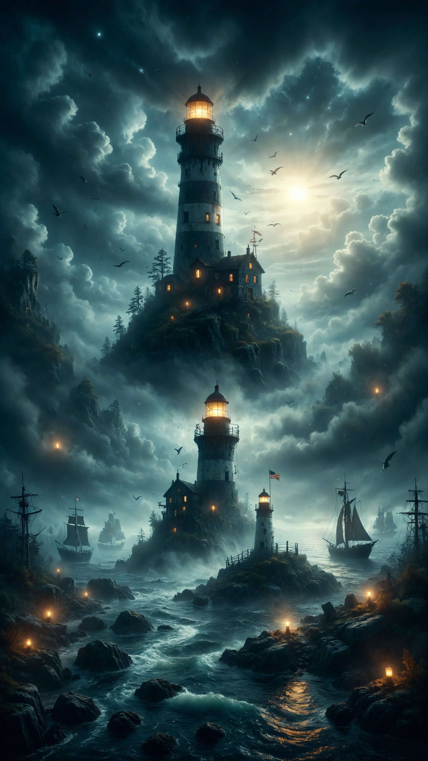 Create an illustration of a floating lighthouse in the ocean, surrounded by fog and mysterious lights that illuminate the path of lost sailors. On the horizon, shadows of fantastic sea creatures are glimpsed. Use a palette of dark and mysterious colors.