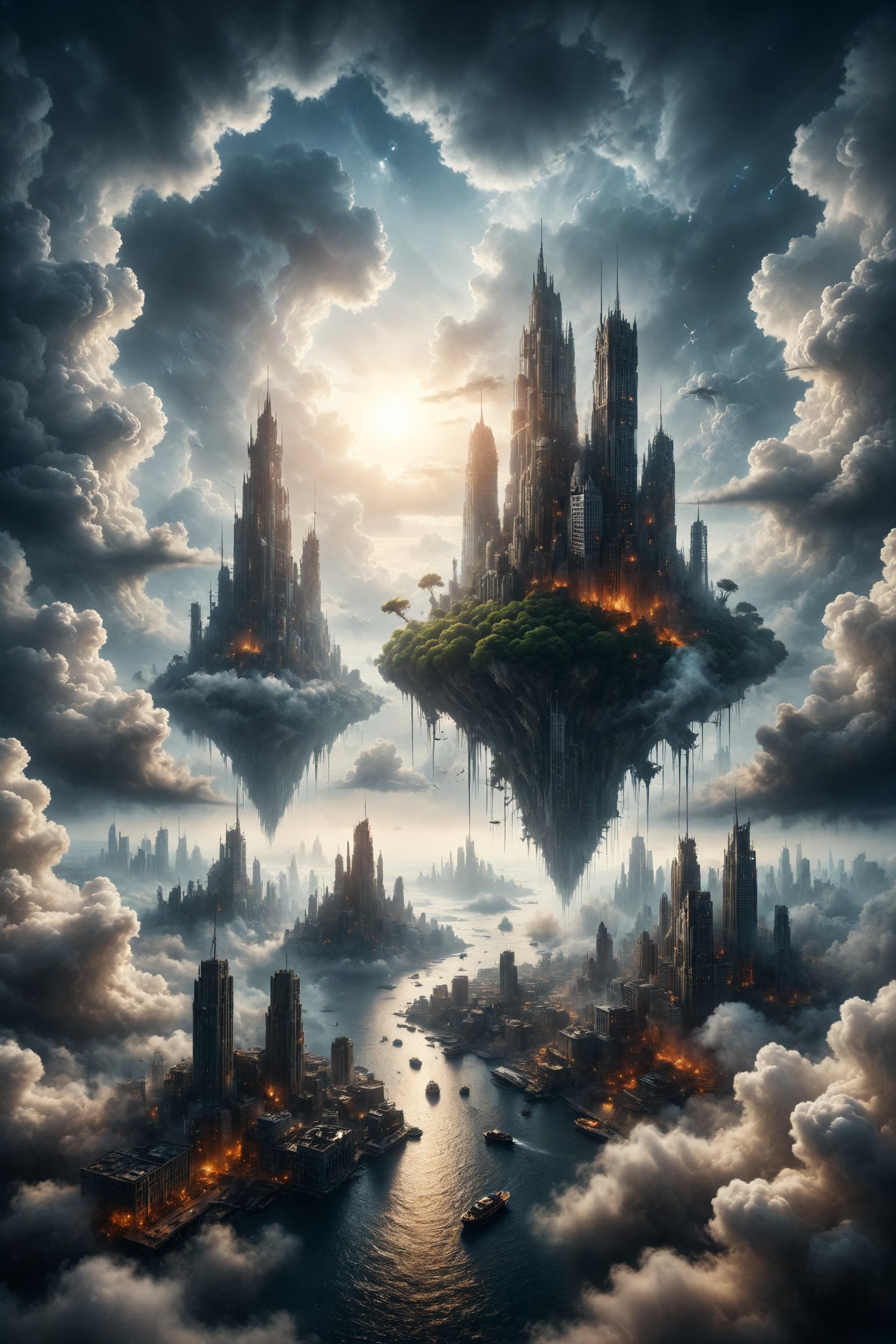 A floating city among the clouds, with towers rising towards the firmament as witnesses of an elevated world where dreams and reality intertwine in harmony.