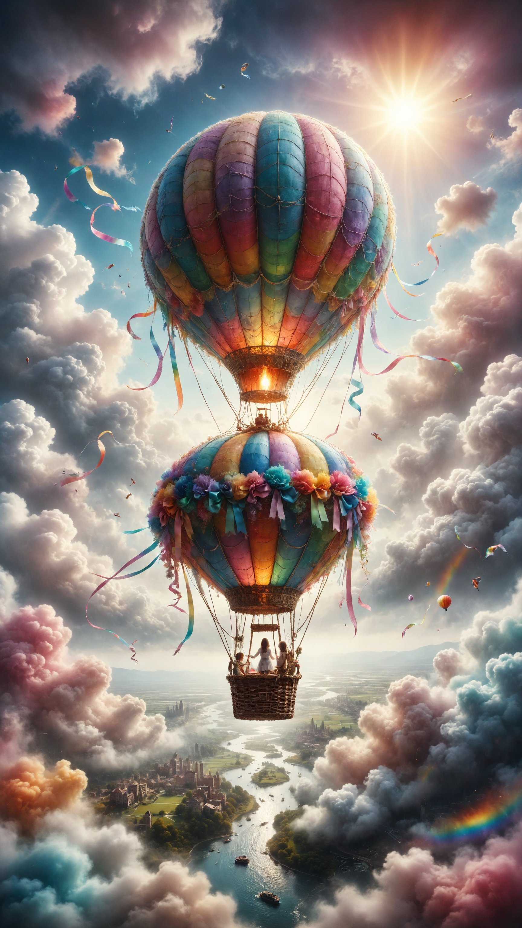 Create an illustration of a person flying in a hot air balloon made of lace and colorful ribbons over a landscape of fluffy clouds and bright rainbows. Use pastel and translucent colors to highlight the delicacy of the scene.