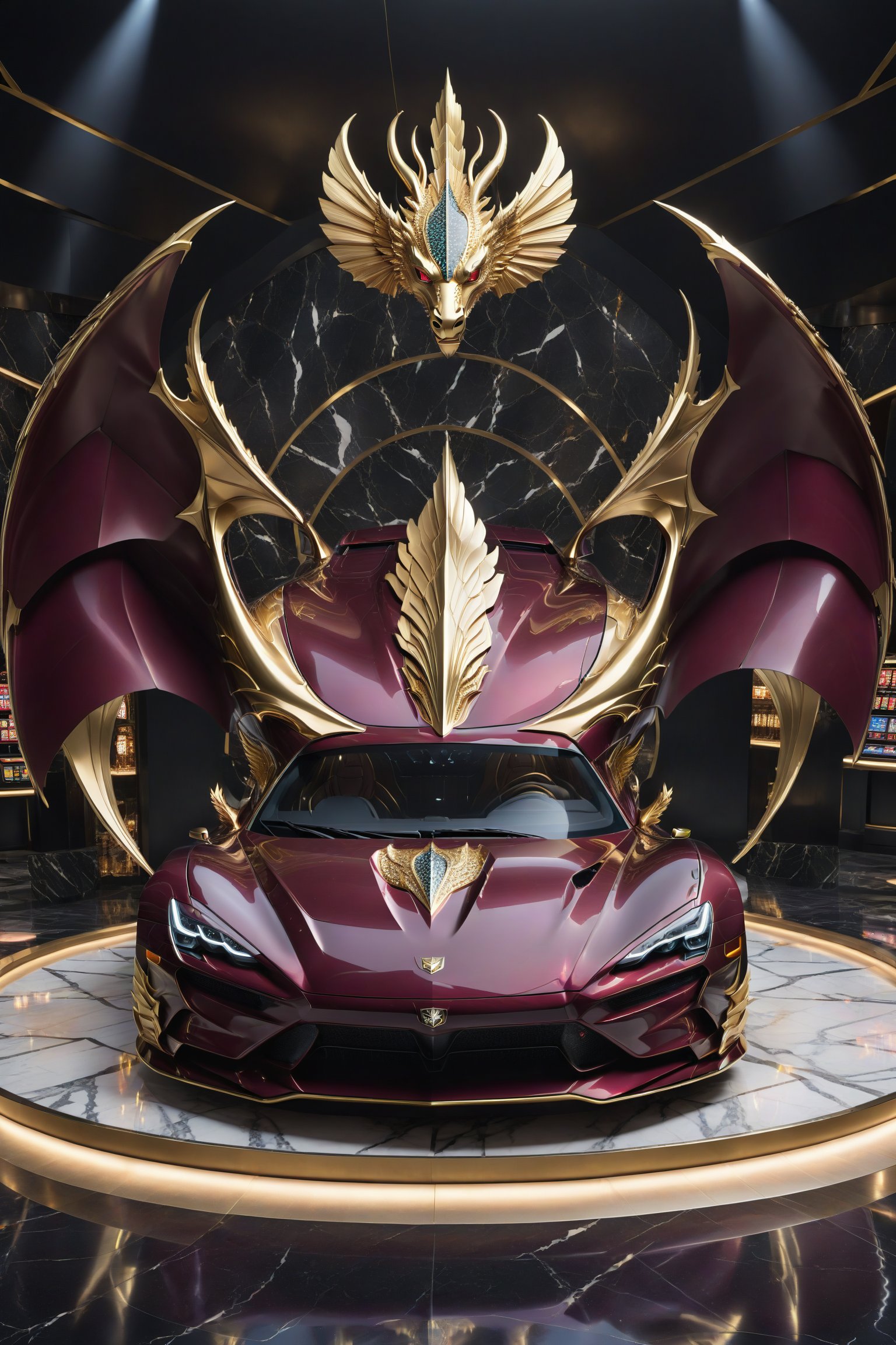 High-definition photorealistic representation of the front view of a burgundy-colored luxury super car, located inside a casino, with gaming machines, game tables, and a mystical and enigmatic place. In the background, a parametric sculpture emerges adorned with dragon wings, made of metal, marble and iridescent glass, embellished with precious diamonds. Symmetrical curves resembling a dragon's wings adorn a black and white marble background, accented with gold accents and chaotic Swarovski elements, inspired by the style of Zaha Hadid and exhibiting golden iridescence. The design is reminiscent of Tomorrowland 2022's main stage, incorporating ultra-realistic Art Deco elements and a high level of image complexity.