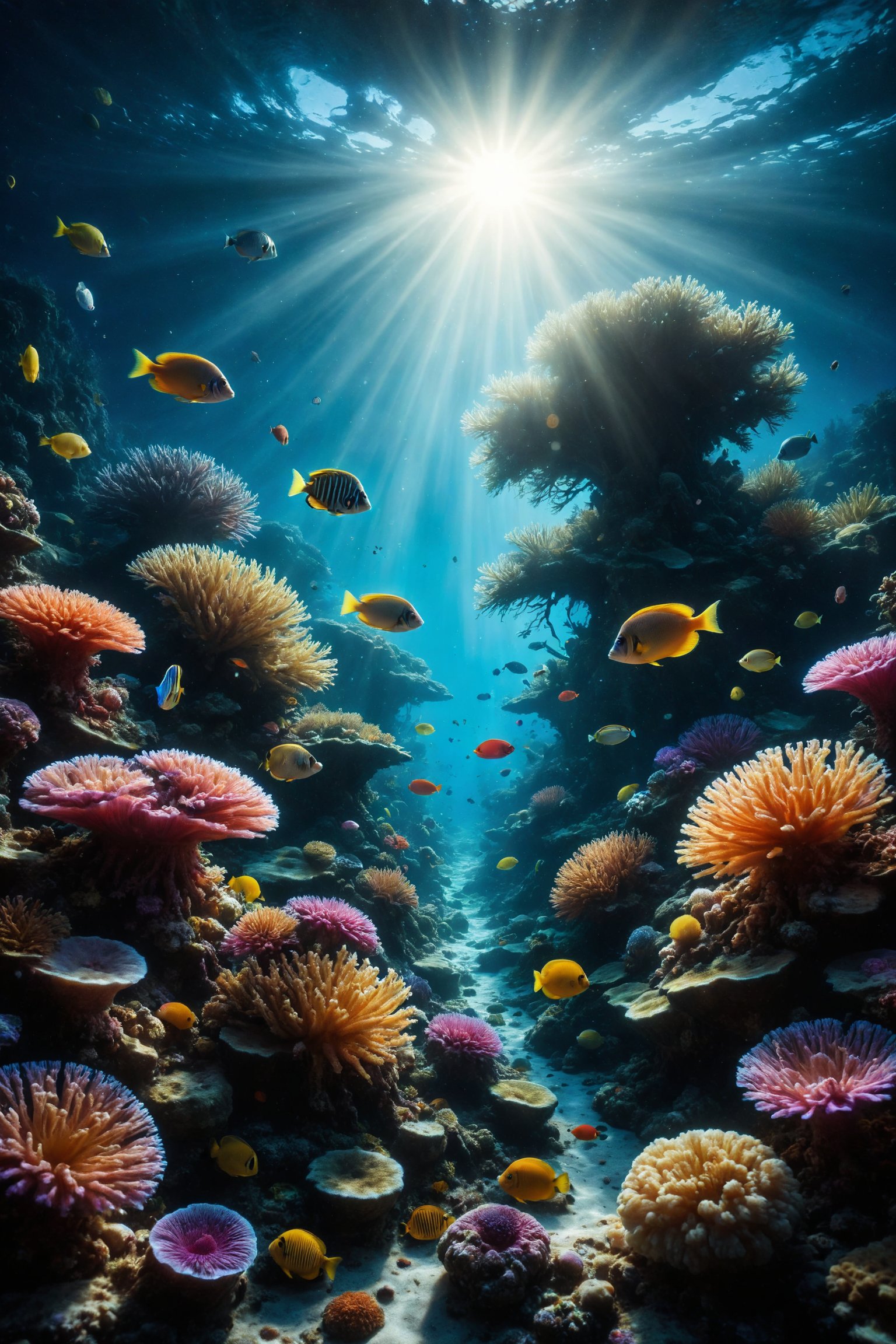 Generate an image of the vibrant underwater world, where bright corals and multicolored algae dance with the ocean current. Tropical fish of vibrant colors swim among the sea anemones, while rays of light filter down from the surface, creating a spectacle of colors and shapes beneath the sea.