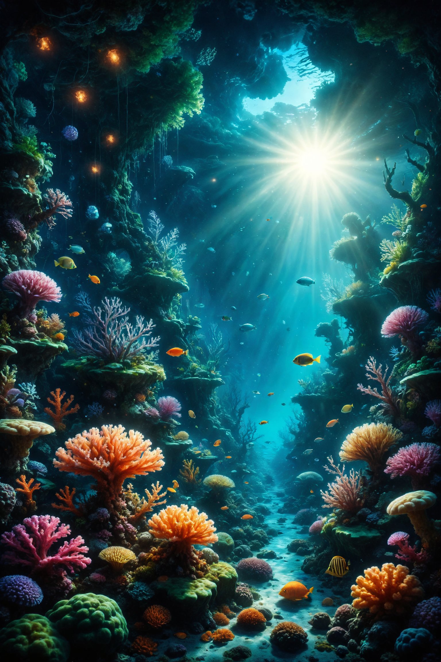 Create an illustration of an underwater garden, with glowing corals and exotic sea creatures swimming among luminous algae. On the surface, sunlight filters through the water creating a spectacle of lights and shadows. Use vibrant and saturated colors to highlight the underwater life.