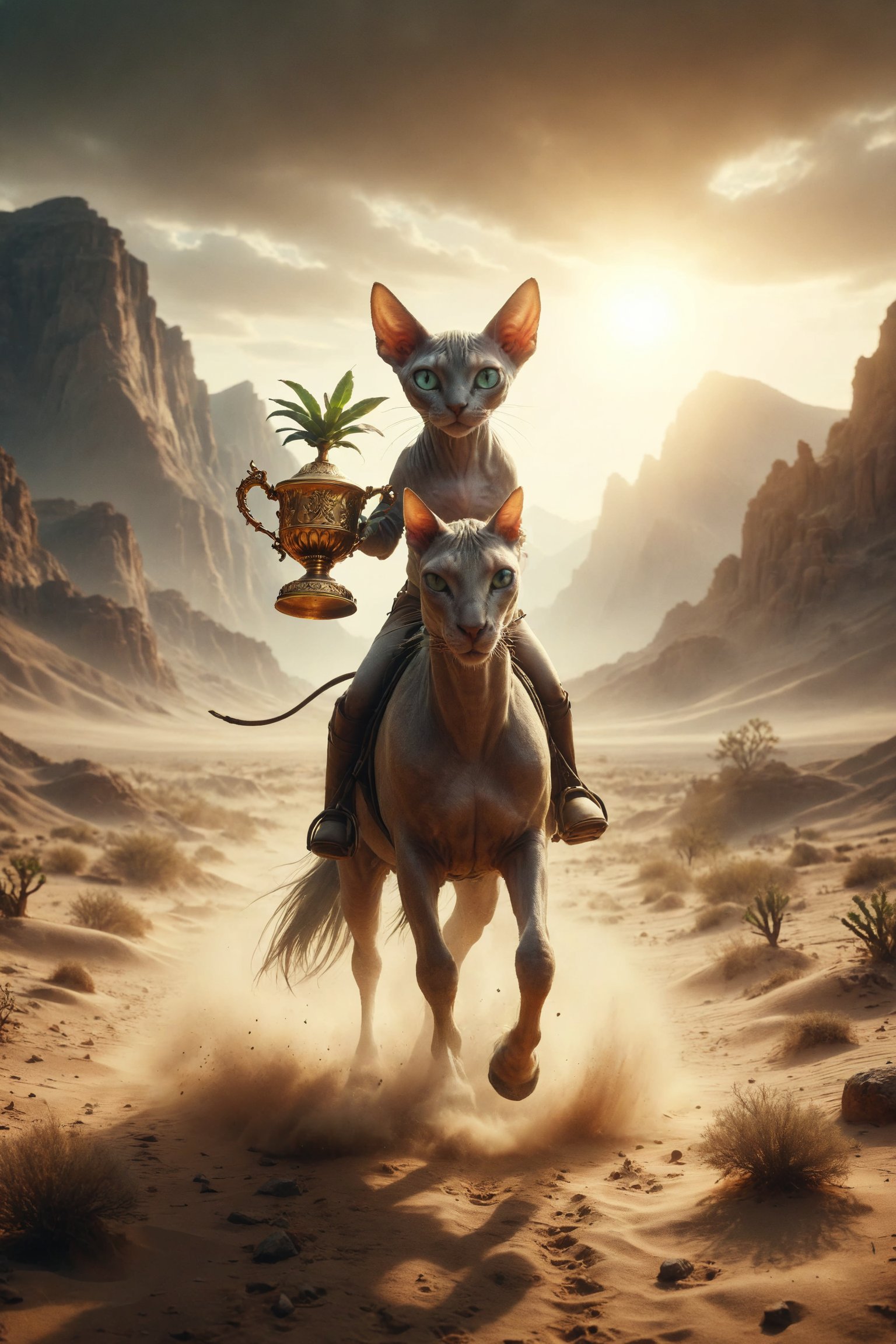 Generates a scene of a Sphynx cat riding a horse, holding a golden cup high and advancing gracefully in an arid desert with mountains and little green vegetation, with a small length