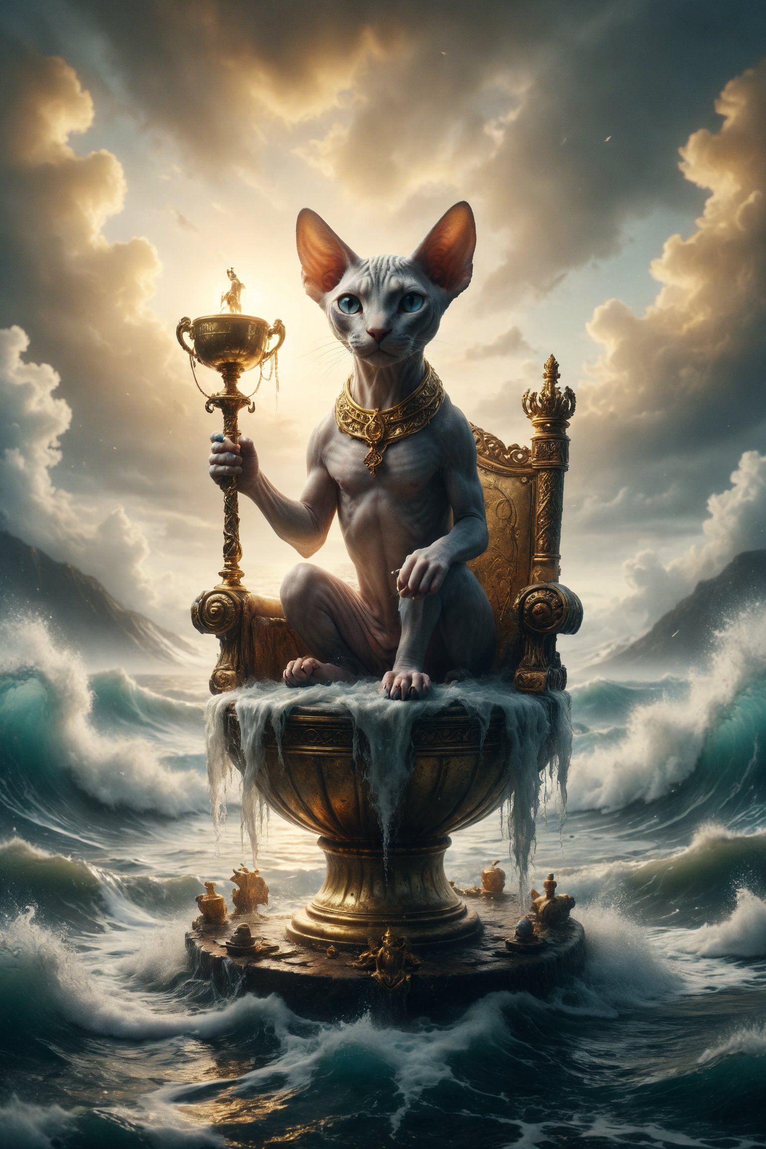 Design a scene of a male Sphynx cat on a floating throne above the sea, holding a golden metal cup and a scepter, with waves around, symbolizing emotional balance, compassion and control.