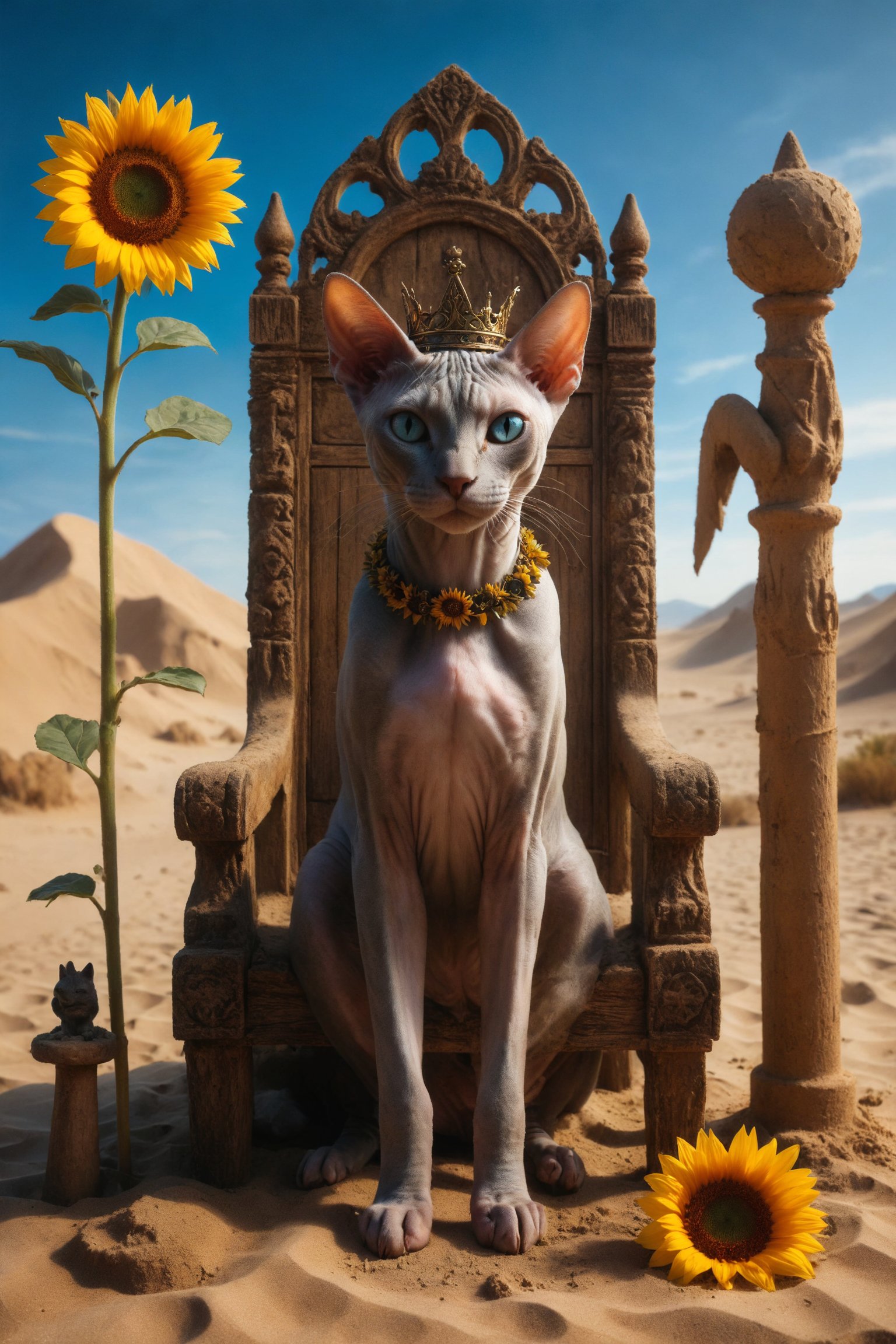 Create an image of a female Sphynx queen cat wearing a crown and holding a wooden staff, and on the other side a sunflower, on a carved wooden throne, and at her feet there must be a black cat, everything must be located in a desert of sand and sand pyramids and blue sky