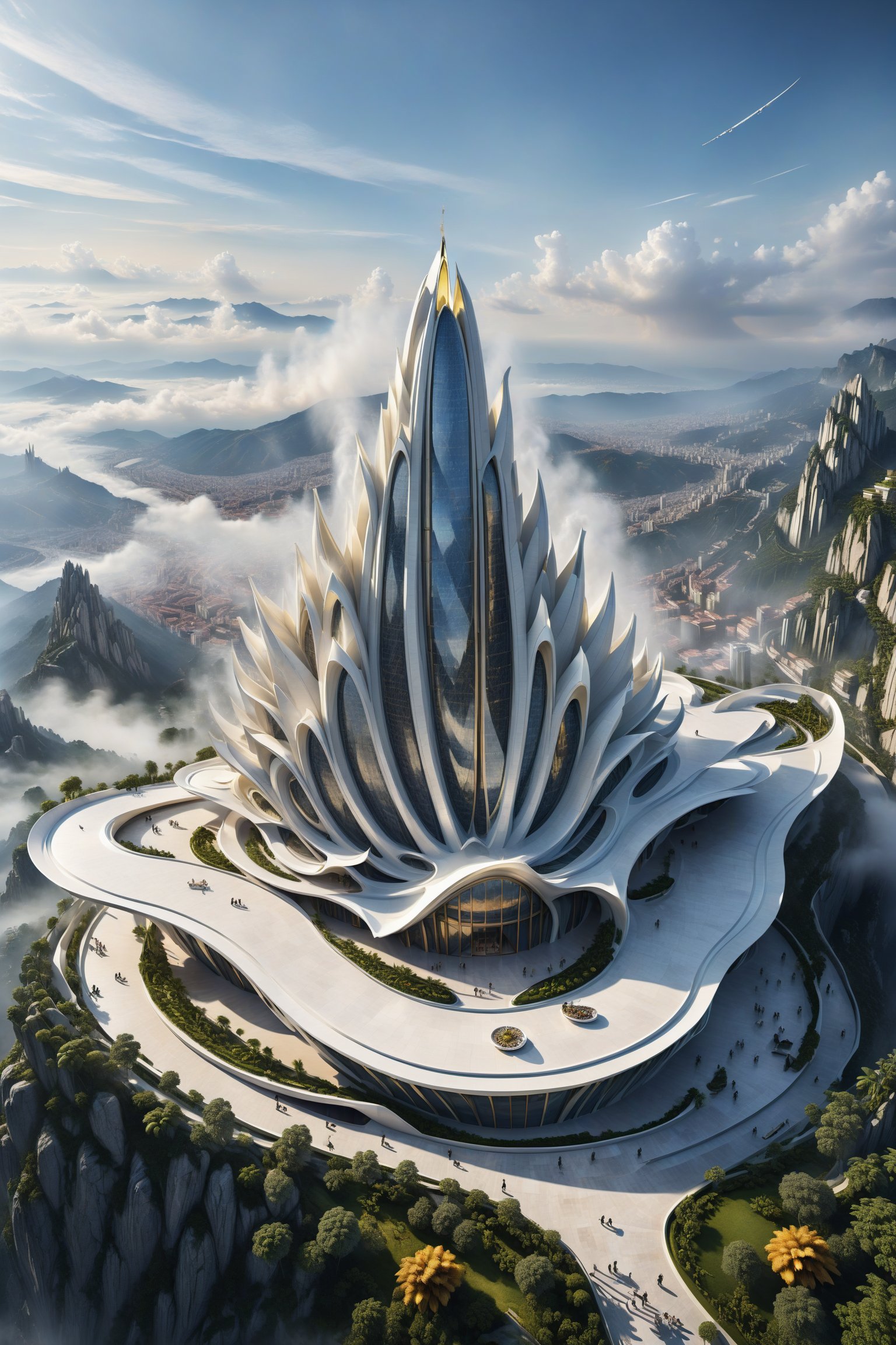 High definition photorealistic representation of an incredible and mysterious mythological architectural work inspired by the banana fruit, with misty wings on a mountain with parametric design of luxury architecture in the background, chaotic explosions in the sky, with hypermaximalist details, marble, metal and Zaha Hadid parametric glass.