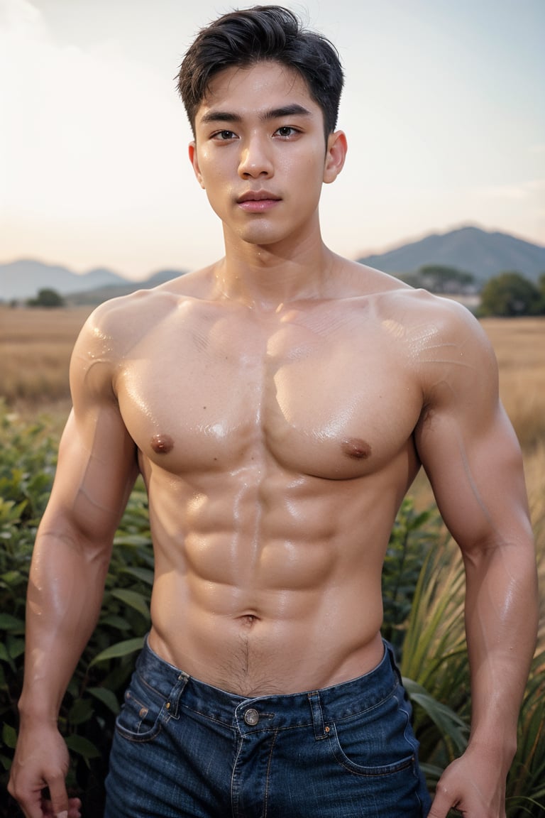 Handsome young man with Korean features, 29 years old, posing in a vast Golden grassy field against an endless blue sky horizon. He stands strong, showcasing his toned physique and six-pack abs. His cheeky, mischievous expression is lit by the alluring sunlight, highlighting his healthy lips. Sony A7III captures the scene with precision using the  TTArtisan 100mm F2.8  Soft Bokeh Lens Full Frame ,Wide-Angle,Eye level perspective,emphasizing upper body details and strict facial features,high-impact strictly face detail, lifelike person, extremely realistic