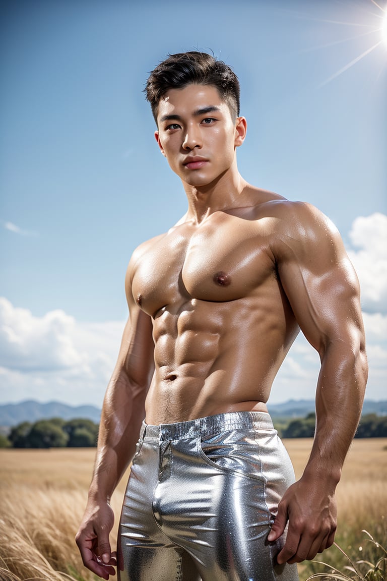 Handsome young man with Korean features, ((strict features of face;libs;eyes rendering)),29 years old, posing in a vast Golden grassy field against an endless blue sky horizon. He stands strong, showcasing his toned physique and six-pack abs. His cheeky, mischievous expression is lit by the alluring sunlight, highlighting his healthy lips,Wide-Angle,Eye level perspective,emphasizing upper body details and strict facial features,high-impact strictly face detail, lifelike person, extremely eyes sparkle  like sapphires 