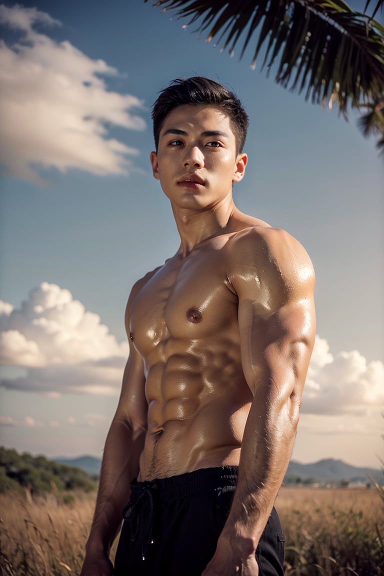 A dashing young man with striking Japanese-Korean features, posing in a sun-kissed Savannah. His strong physique and defined abs are showcased against the vast expanse of golden grass. The blue sky horizon stretches endlessly behind him. His cheeky expression is illuminated by the warm sunlight, highlighting his plump lips and sparkling eyes that shine like sapphires. Shot from an eye-level perspective, the wide-angle framing emphasizes the upper body's definition and accentuates the strict features of his face, rendering each detail with lifelike precision.