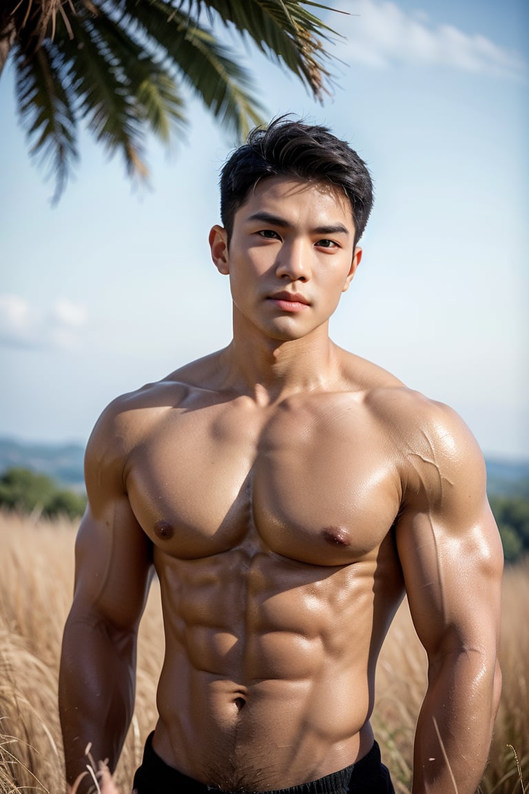 A dashing young man with striking Japanese-Korean features, posing in a sun-kissed Savannah. His strong physique and defined abs are showcased against the vast expanse of golden grass. The blue sky horizon stretches endlessly behind him. His cheeky expression is illuminated by the warm sunlight, highlighting his plump lips and sparkling eyes that shine like sapphires. Shot from an eye-level perspective, the wide-angle framing emphasizes the upper body's definition and accentuates the strict features of his face, rendering each detail with lifelike precision.