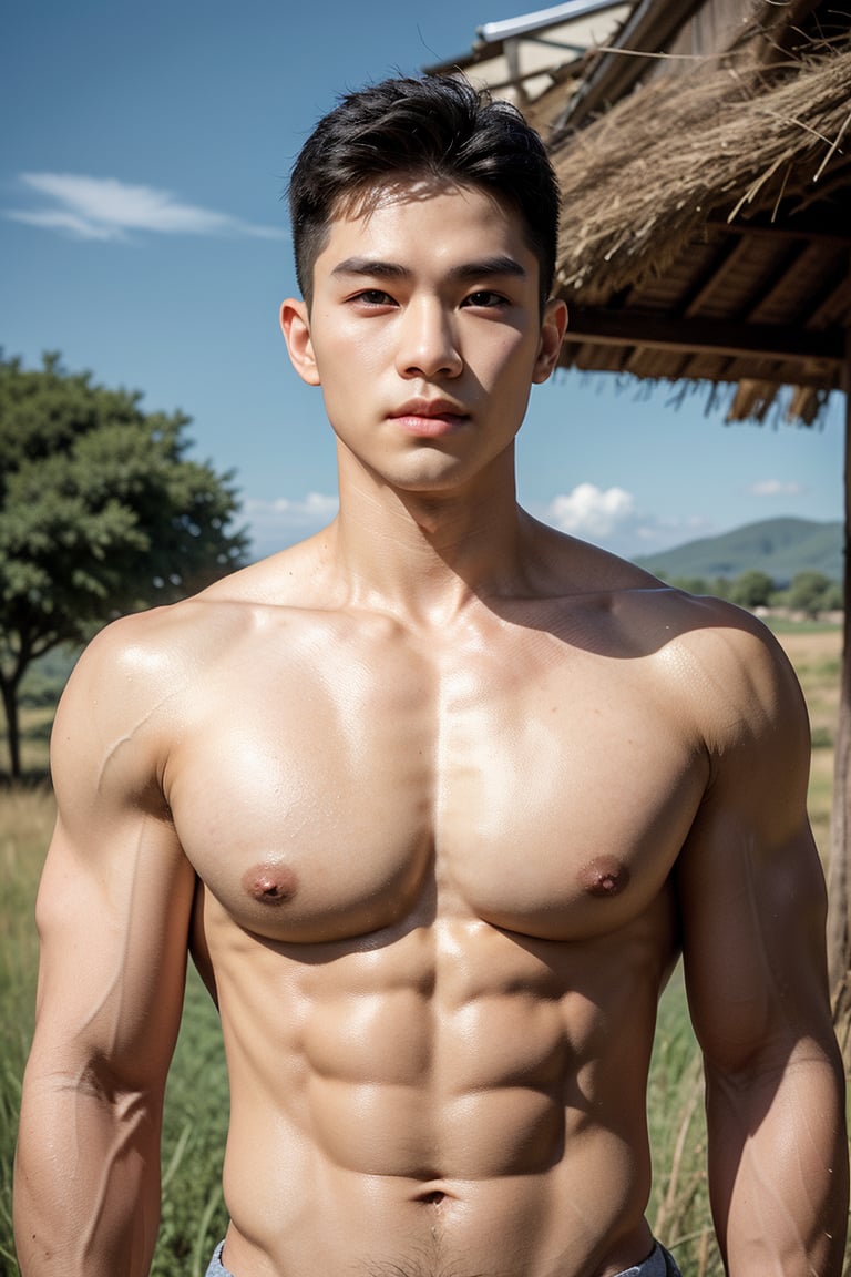 Handsome young man with Japanese×Korean features, ((strict features of face;libs;eyes rendering)),29 years old, posing in a vast Savannah Golden grassy field against an endless blue sky horizon. He stands strong, showcasing his toned physique and six-pack abs. His cheeky, mischievous expression is lit by the alluring sunlight, highlighting his healthy lips,Wide-Angle,Eye level perspective,emphasizing upper body details and strict facial features,high-impact strictly face detail, lifelike person, extremely eyes sparkle  like sapphires 