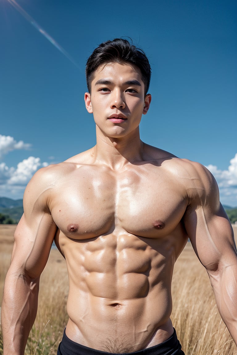 Handsome young man with Korean features, strict features of face;mouth;eyes,29 years old, posing in a vast Golden grassy field against an endless blue sky horizon. He stands strong, showcasing his toned physique and six-pack abs. His cheeky, mischievous expression is lit by the alluring sunlight, highlighting his healthy lips,Wide-Angle,Eye level perspective,emphasizing upper body details and strict facial features,high-impact strictly face detail, lifelike person, extremely eyes sparkle  like sapphires 