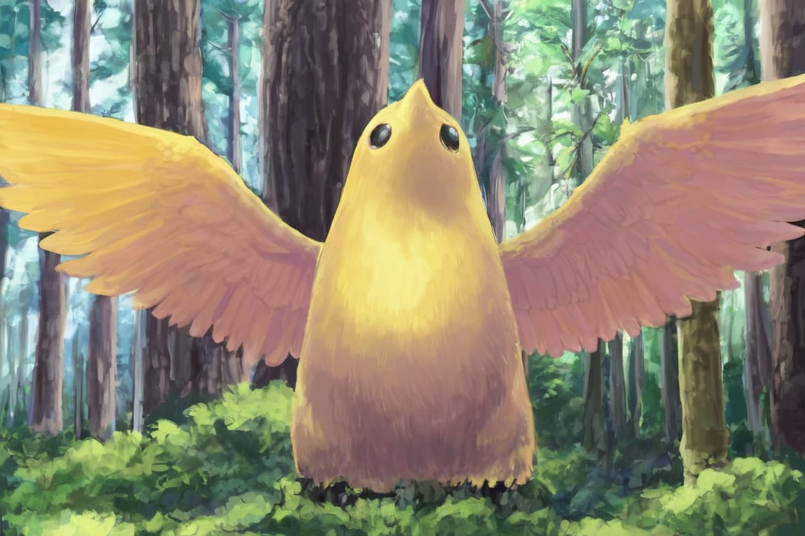 master piece, best quality, 

onsokumaru, creature,  solo,  ,  no humans,  (((one head))), yellow wings,
 
in the forest,
tree, nature, forest, day, 
