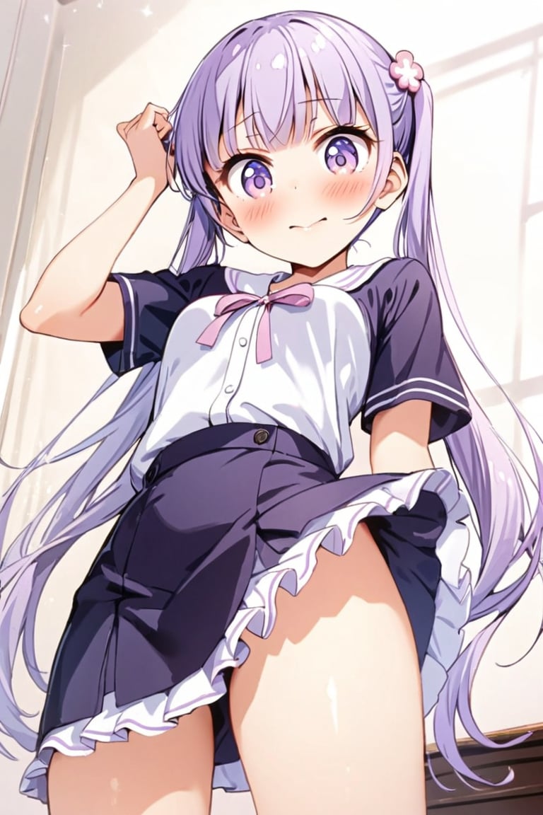 master piece, uniform 8k, ultra-detailed, score_9, score_8, best quality, very aesthetic, absurdres, amazing quality,  perfect hands,

beautiful details eyes, big round eyes,

1 girl,
suzukaze aoba, (hair ornament, long hair, purple eyes, purple hair, long twintails, flat breasts, blush, bangs:1.5),


smile, kawaii, cute,

clavicle, tiny mouth, 
summer dress, sleveless, lots of lace,


in girl's room, fancy items,

sexy pose, dynamic action, dynamic angle, dynamic shot,
looking at viewer, 
(form below:1.2),

suzukaze aoba,sakura nene