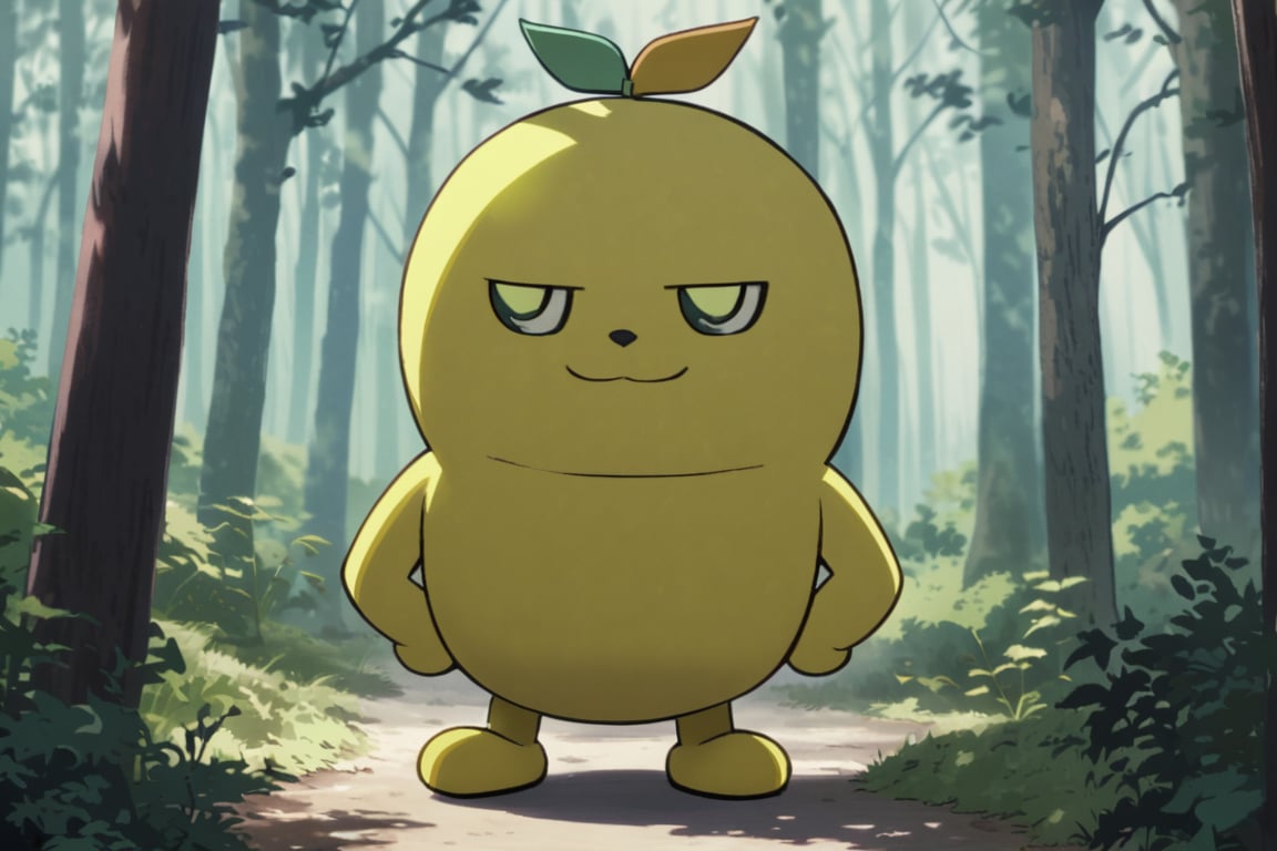 (((onsokumaru))), all yellow ball on wings and face, one head,  in the forest, no body, mascot character,