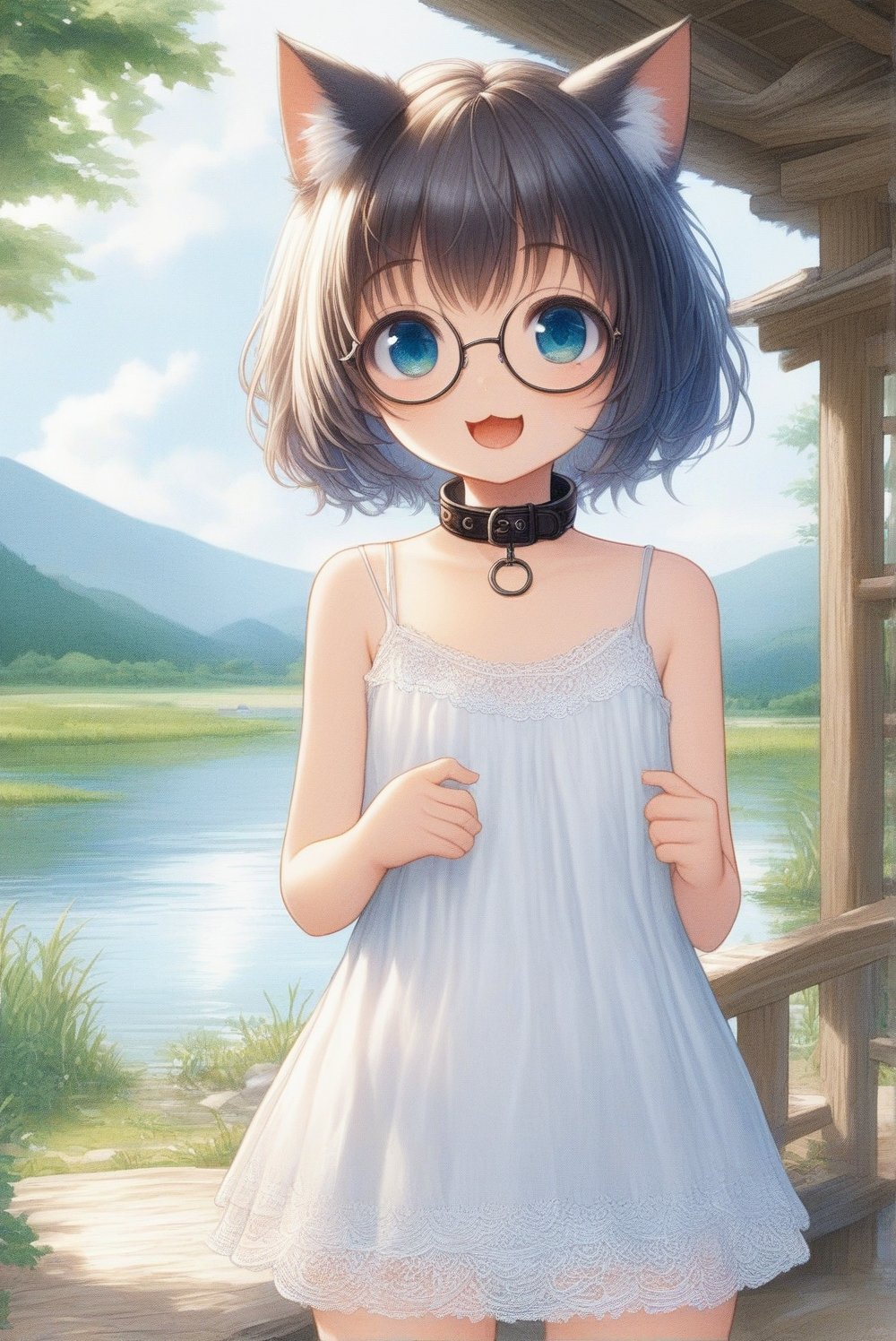 beautiful details, uniform 8K wallpaper, high resolution, exquisite texture in every detail,  beautiful illustration,manga touch

1girl, ((high school-age girl)), shyness,
look at viewer,cowboy shot,
summer, japanese countryside, in lakeside,
white Summer-like camisole dress , blue line ribbon, lots of lace,

((nekomimi)),Cat ears the same color as her hair,
short hair, open mouth, (glasses), round eyes, cat collar, smile

nekomimimeganekao